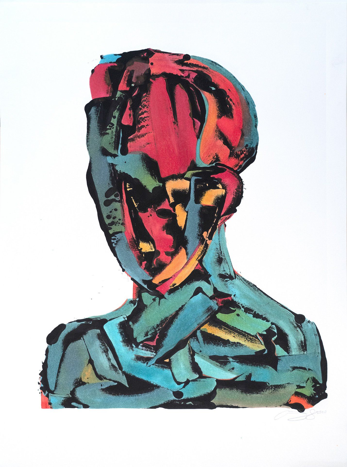 A colorful painting of a man 's head and chest