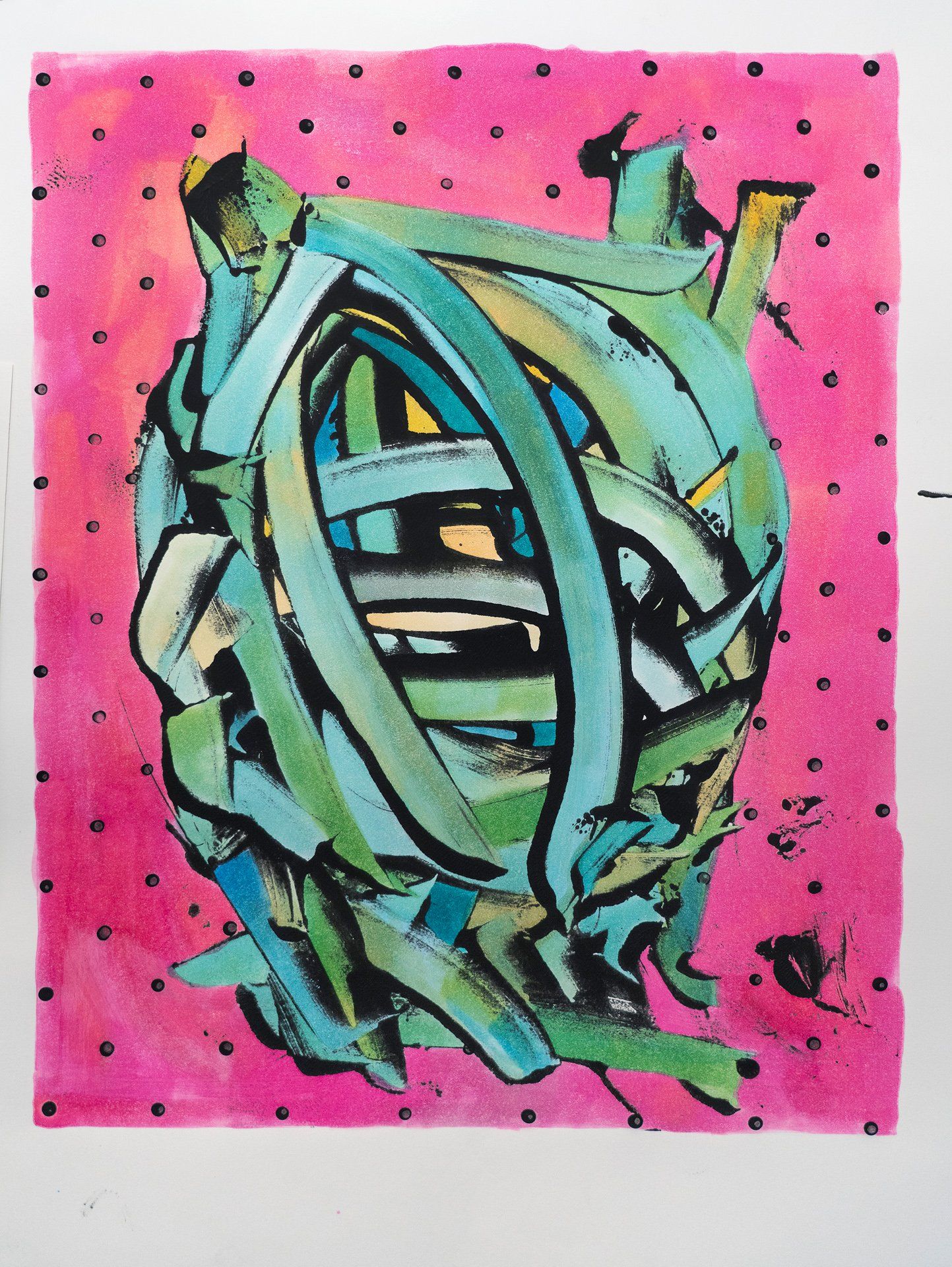 A colorful painting with a pink background and black dots