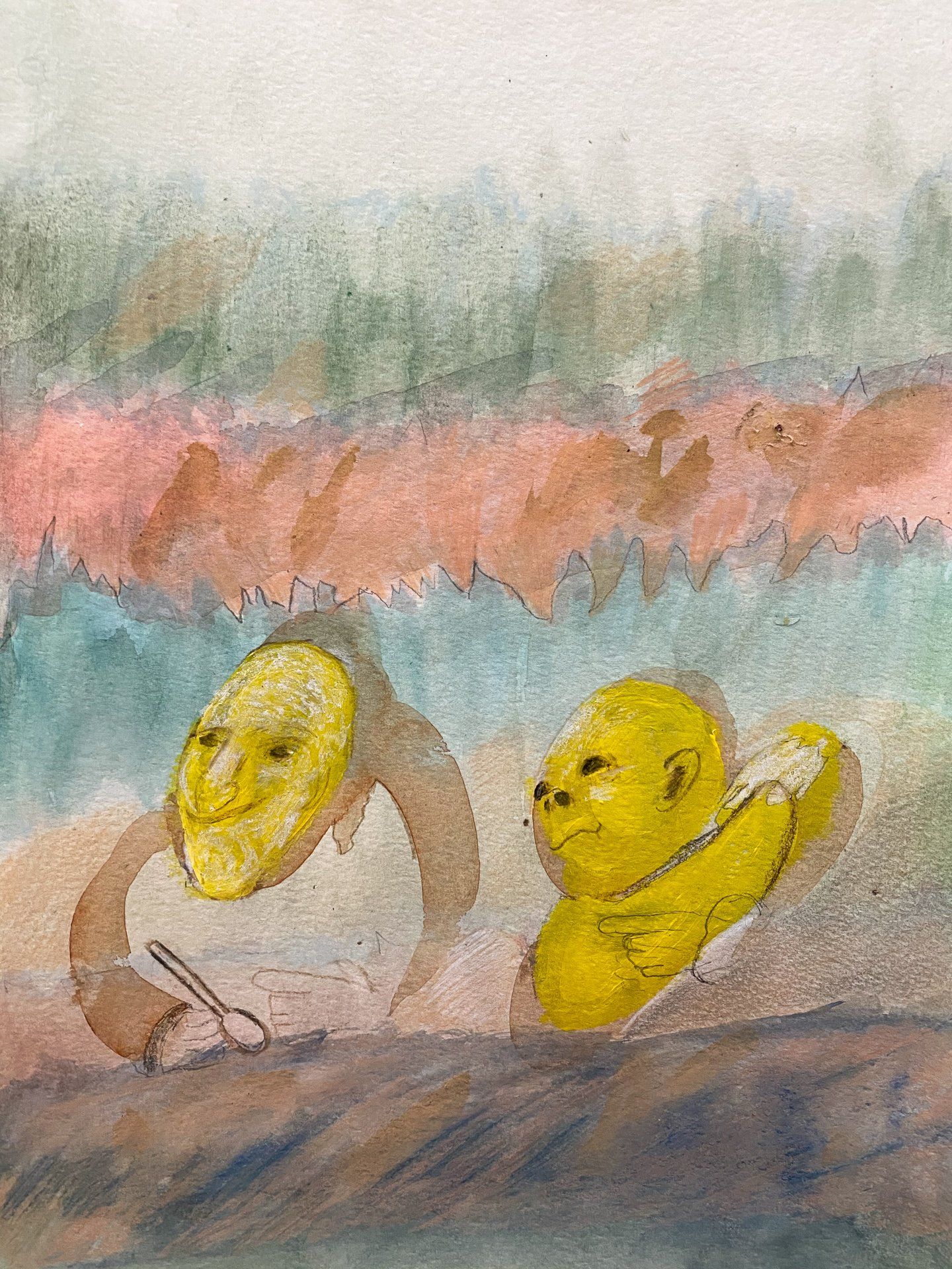 A watercolor painting of two lemons with faces on them.