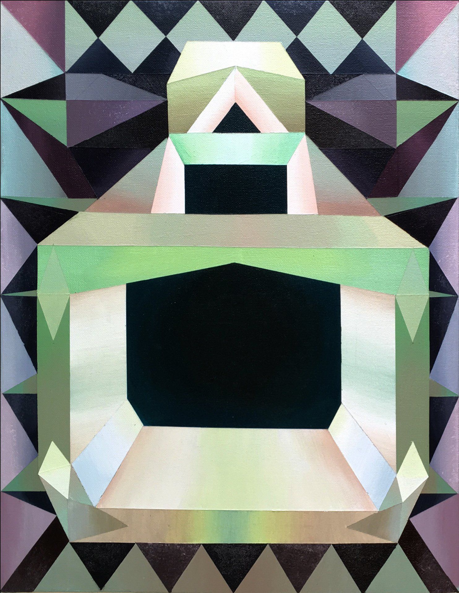 A painting of a bottle with a black hole in the middle