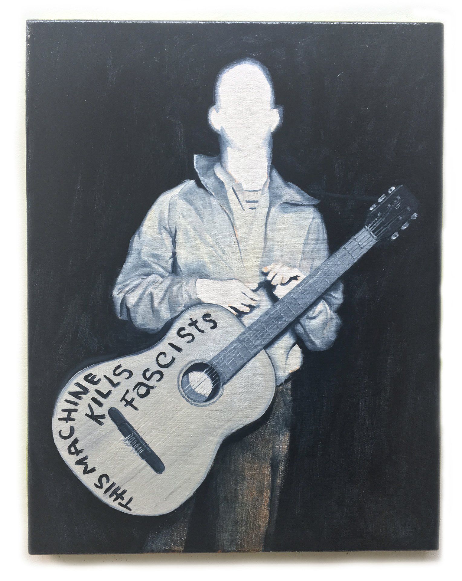 A painting of a man holding a guitar that says this machine kills fascism