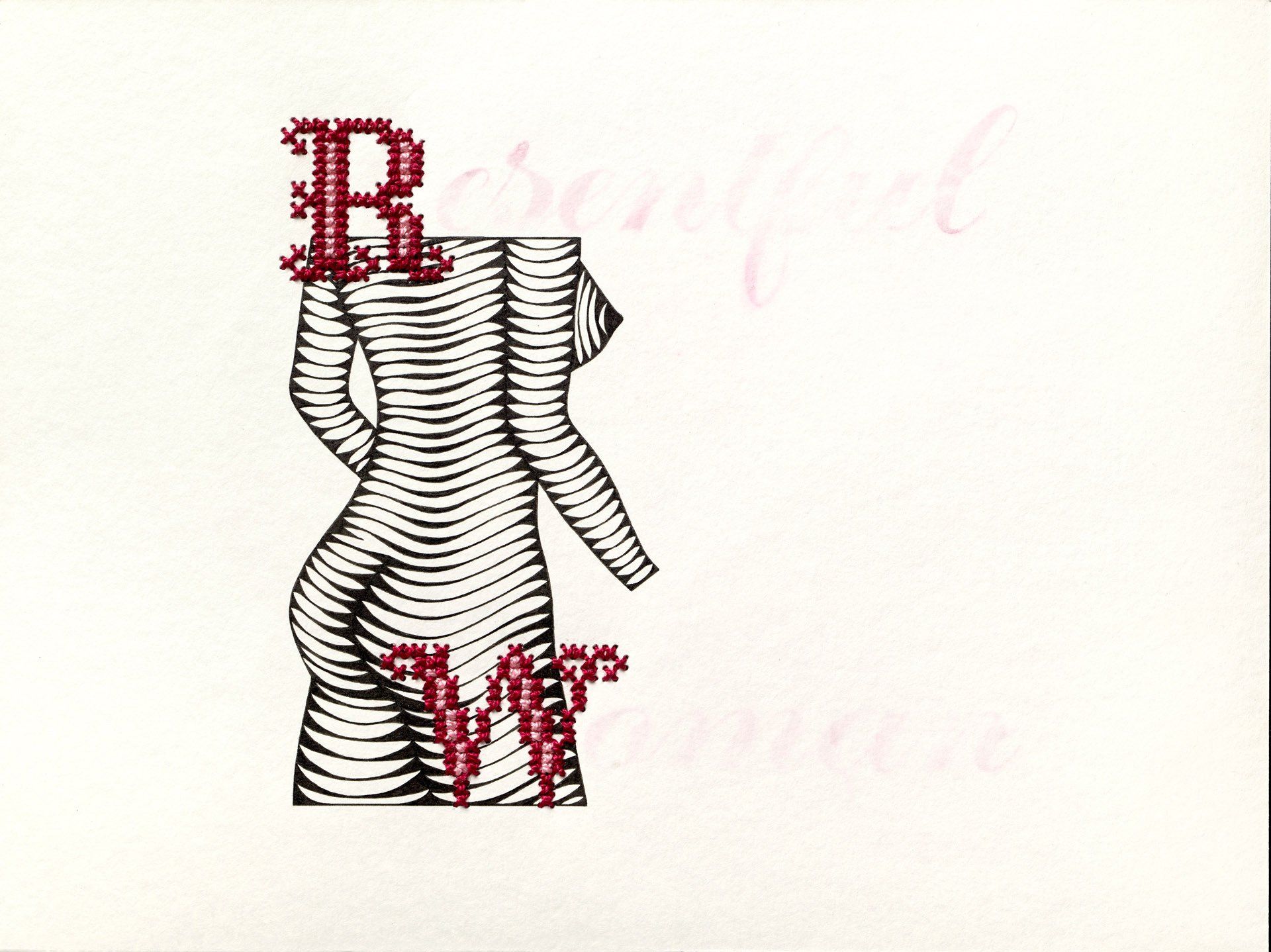 A drawing of a woman with the letter r on her back