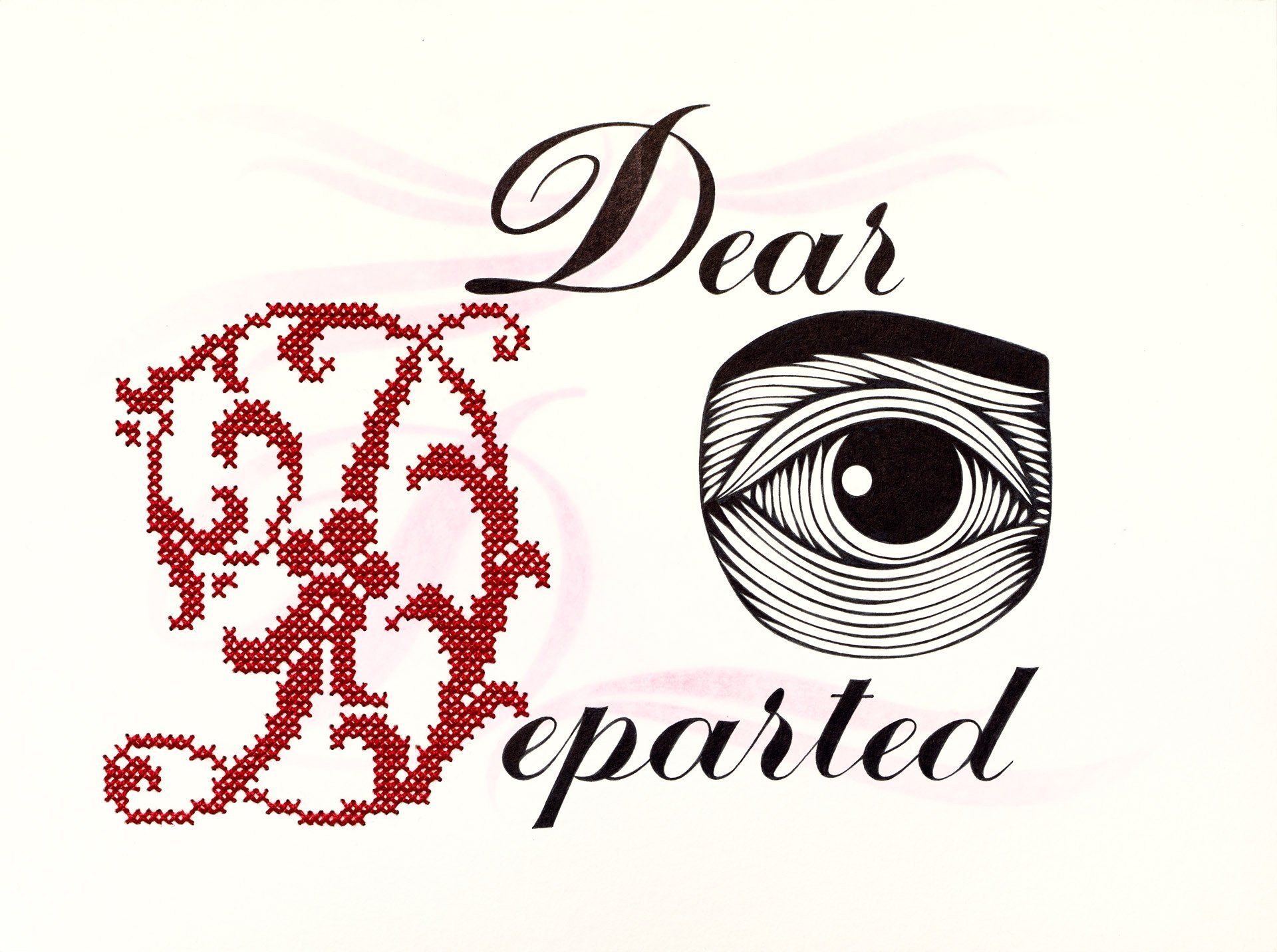 A dear departed logo with a cross stitched eye