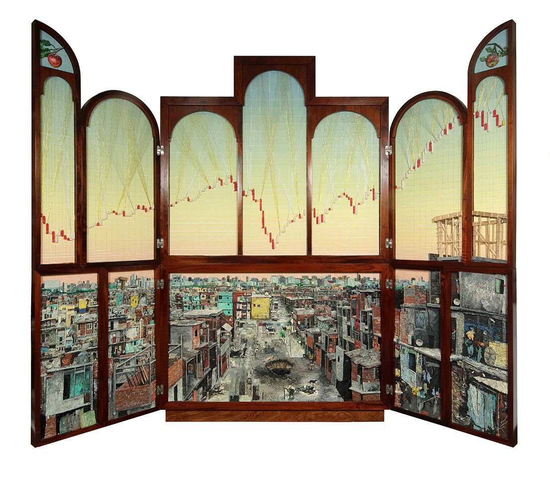 A painting of a city with a graph on it