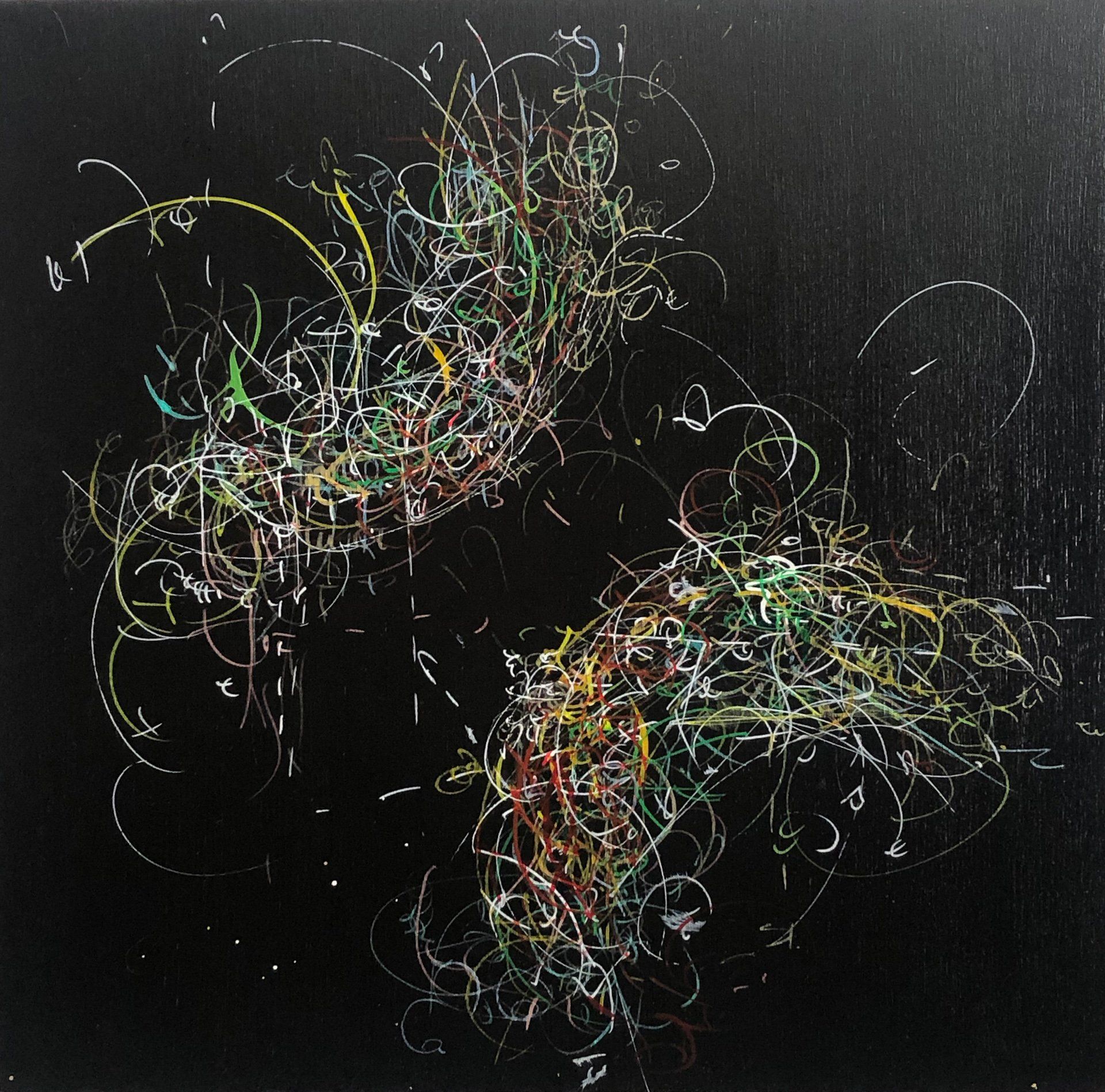 A painting of a colorful swirl on a black background