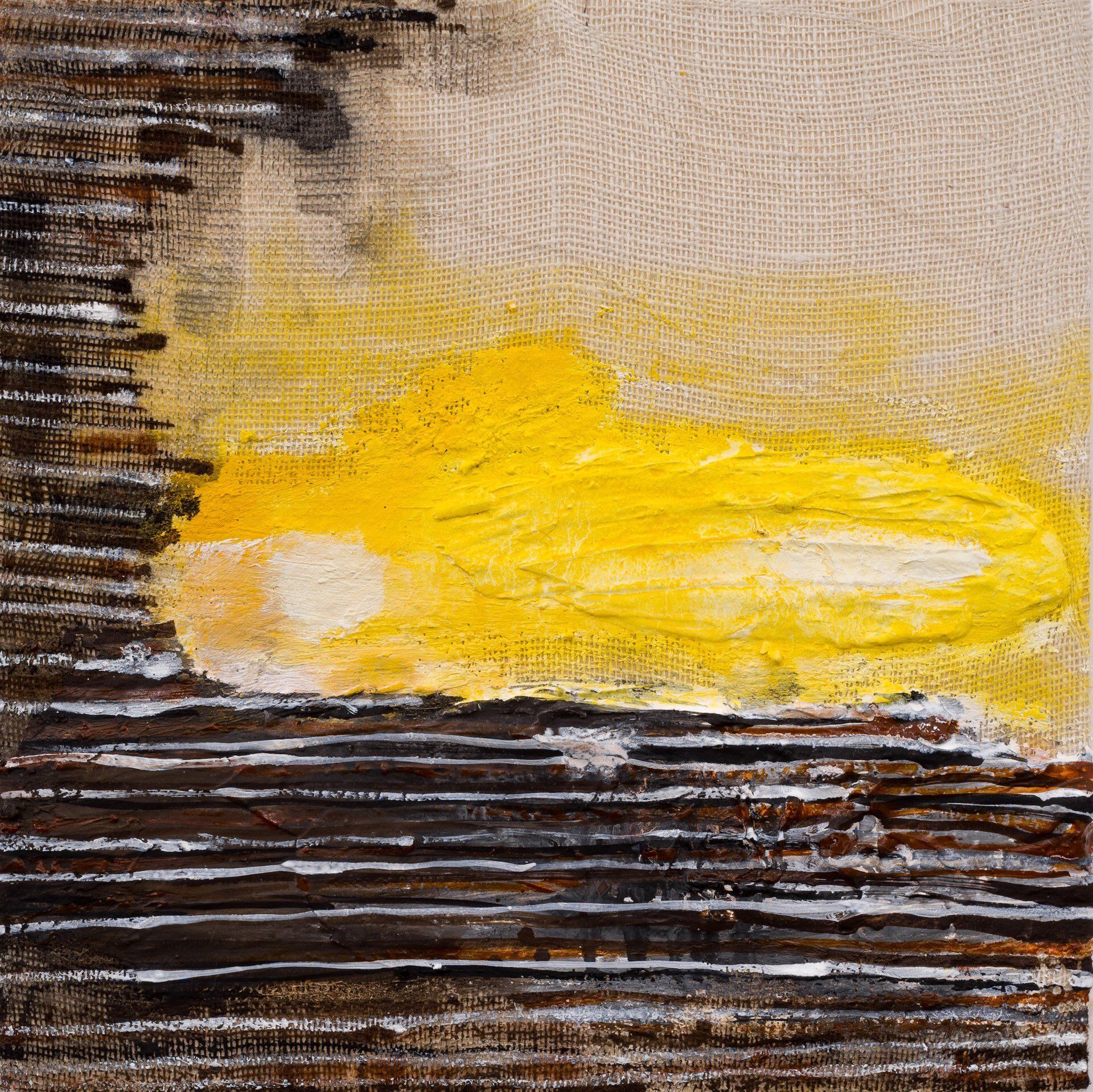A painting of a sunset with a yellow circle in the middle
