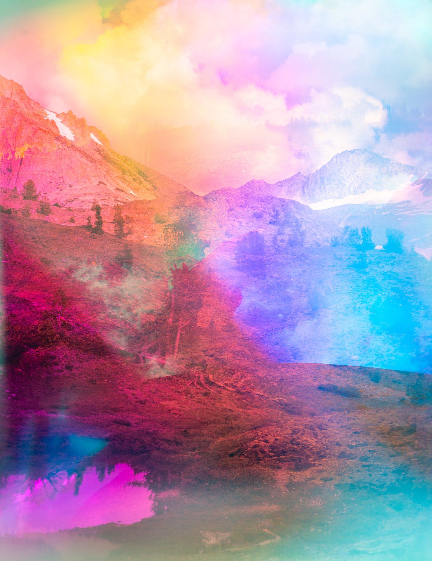 A colorful painting of a mountain landscape with trees and clouds.