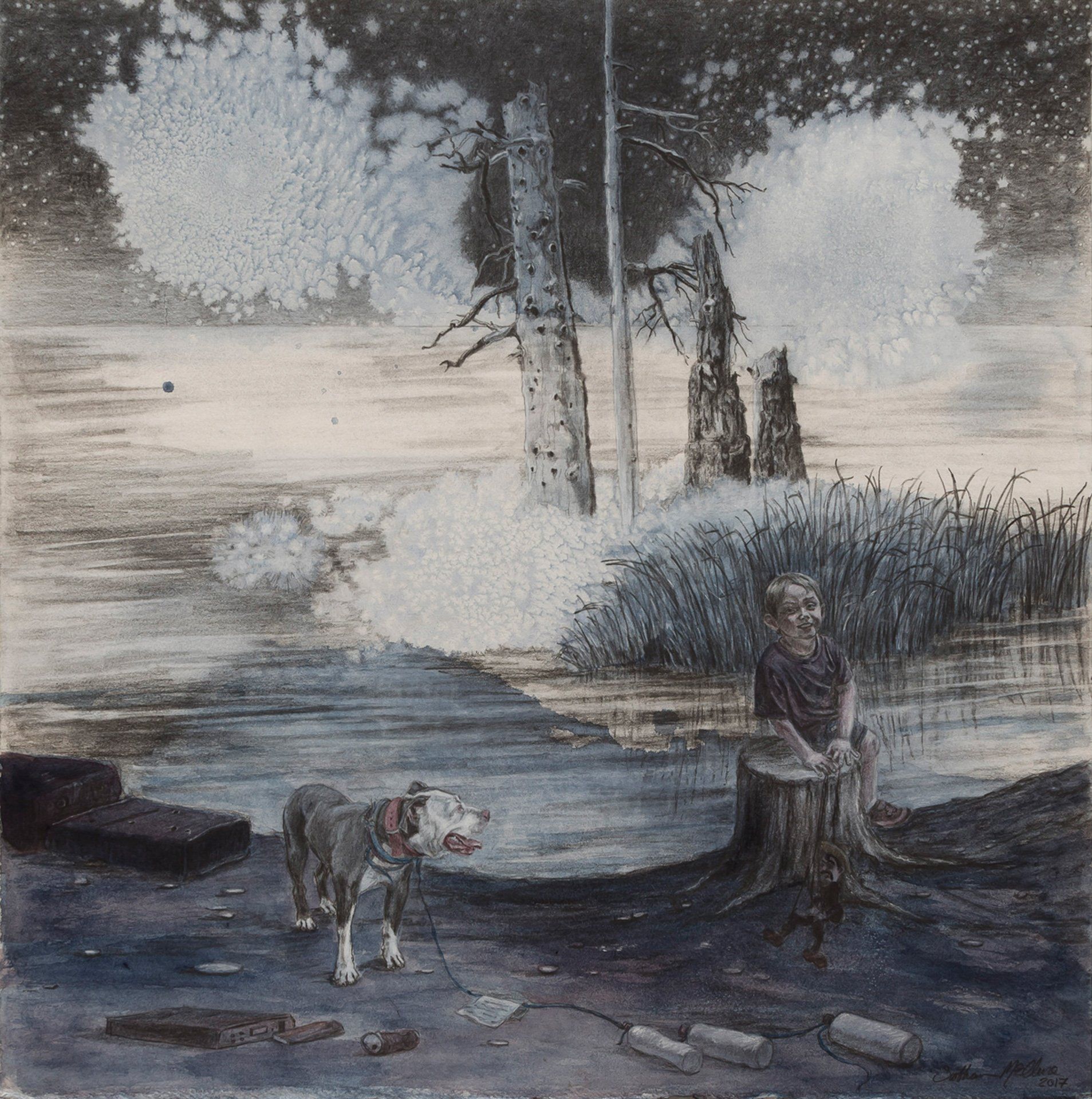 A painting of a dog on a leash near a body of water