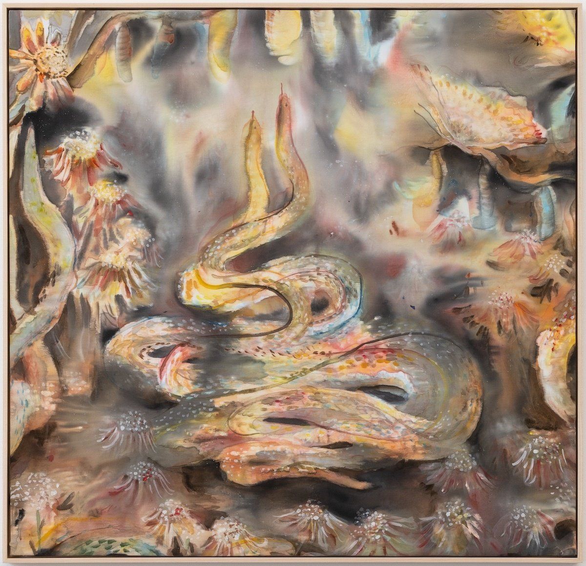 It is a painting of a snake surrounded by flowers.