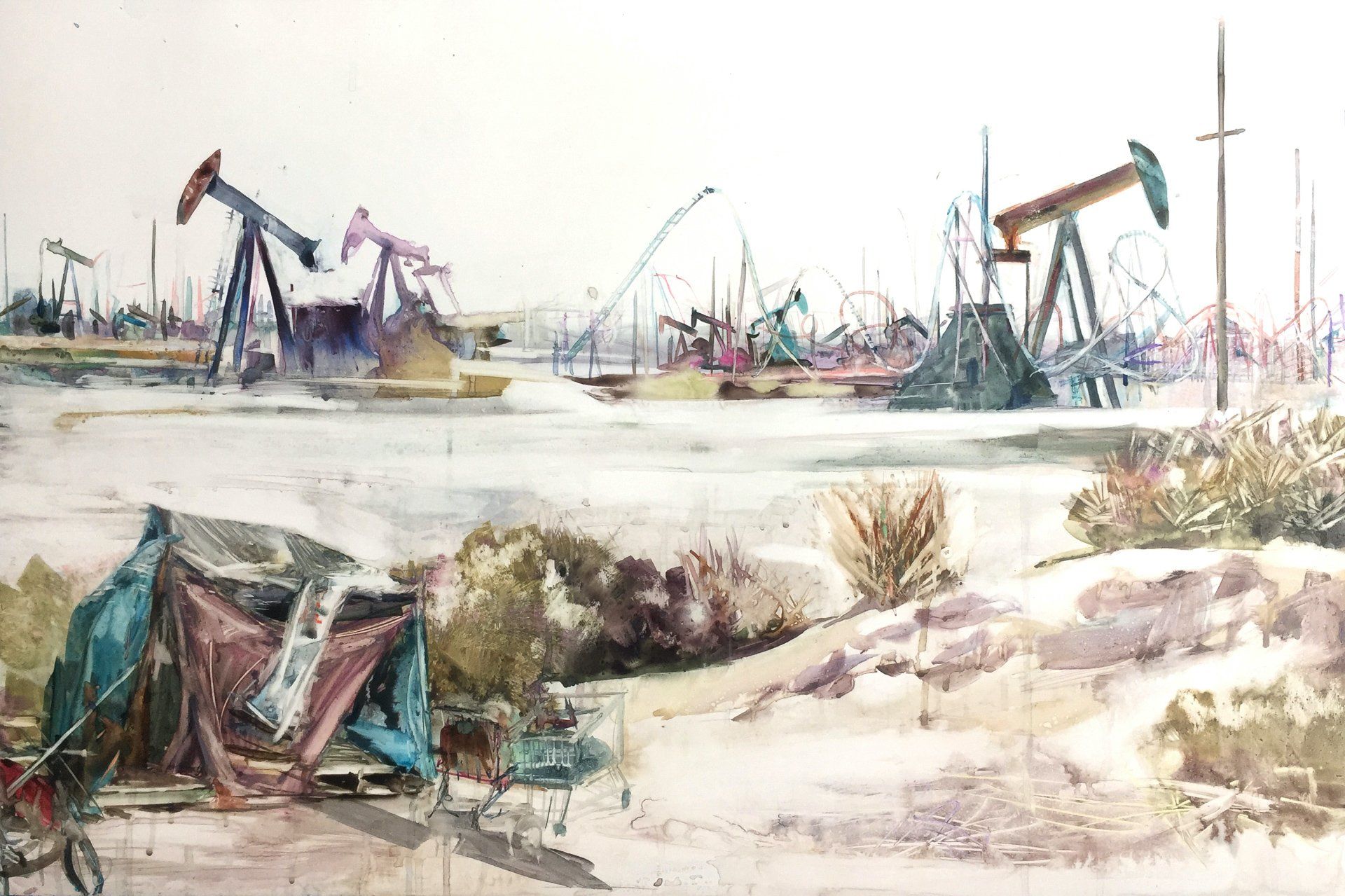 A watercolor painting of an oil rig in the desert with a tent in the foreground.