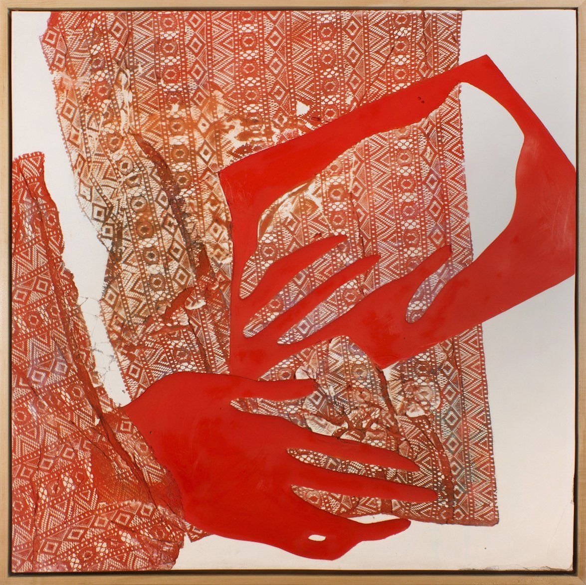 A painting of a woman 's hands with a patterned background