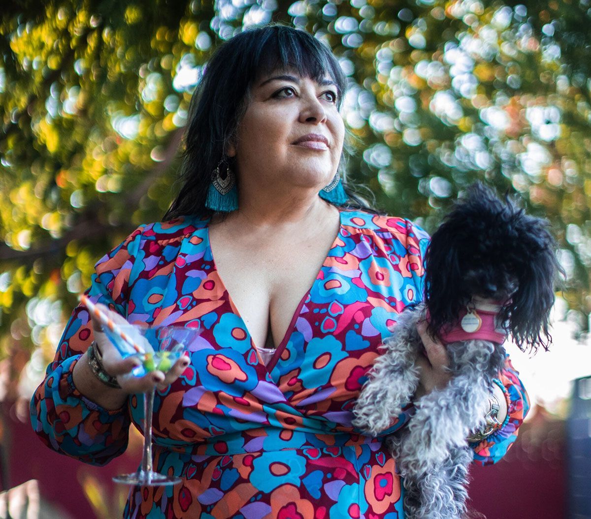 Painting of a woman with five eyes blending with an image of a ballroom.