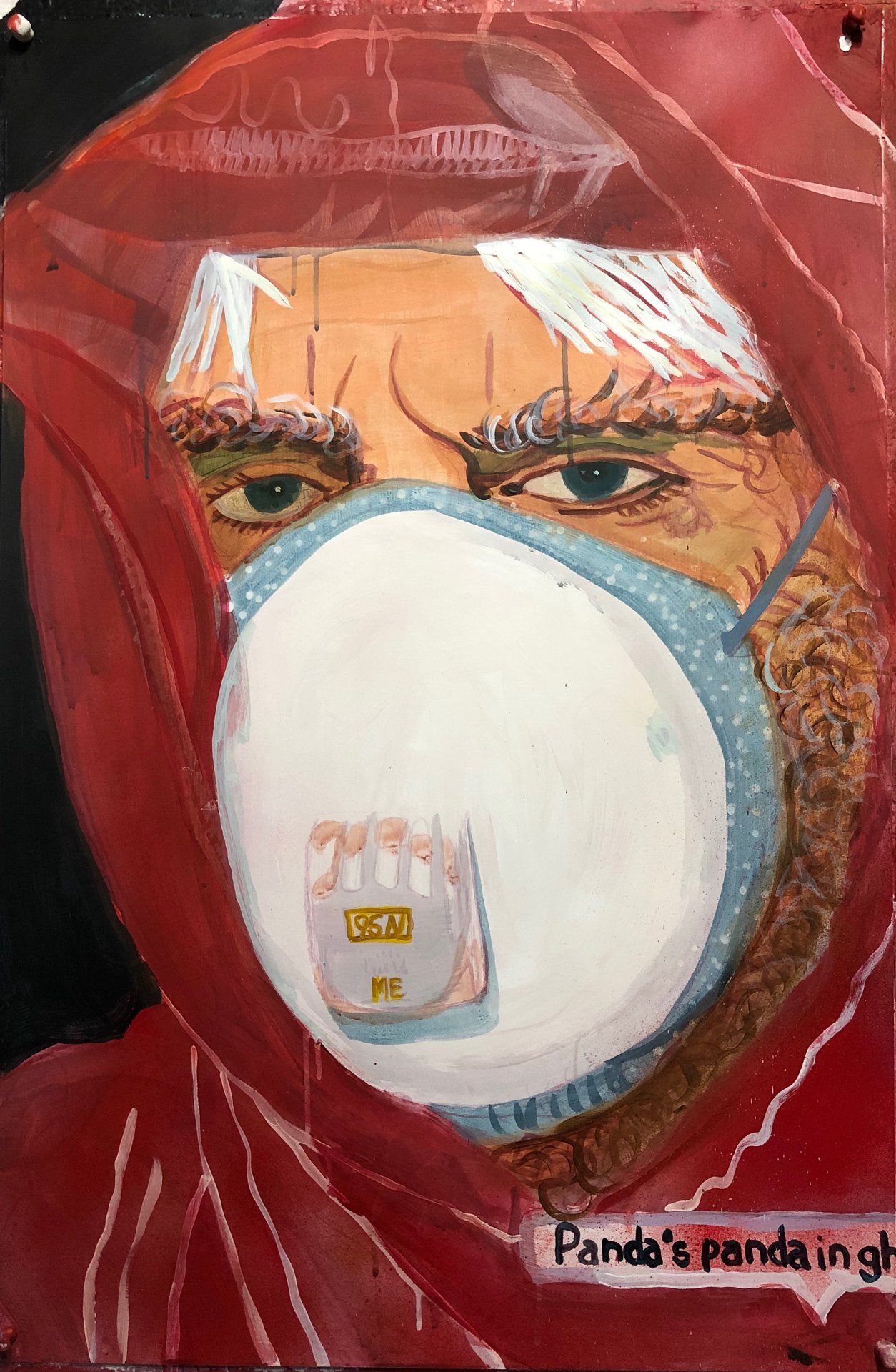 A painting of a man wearing a protective mask.