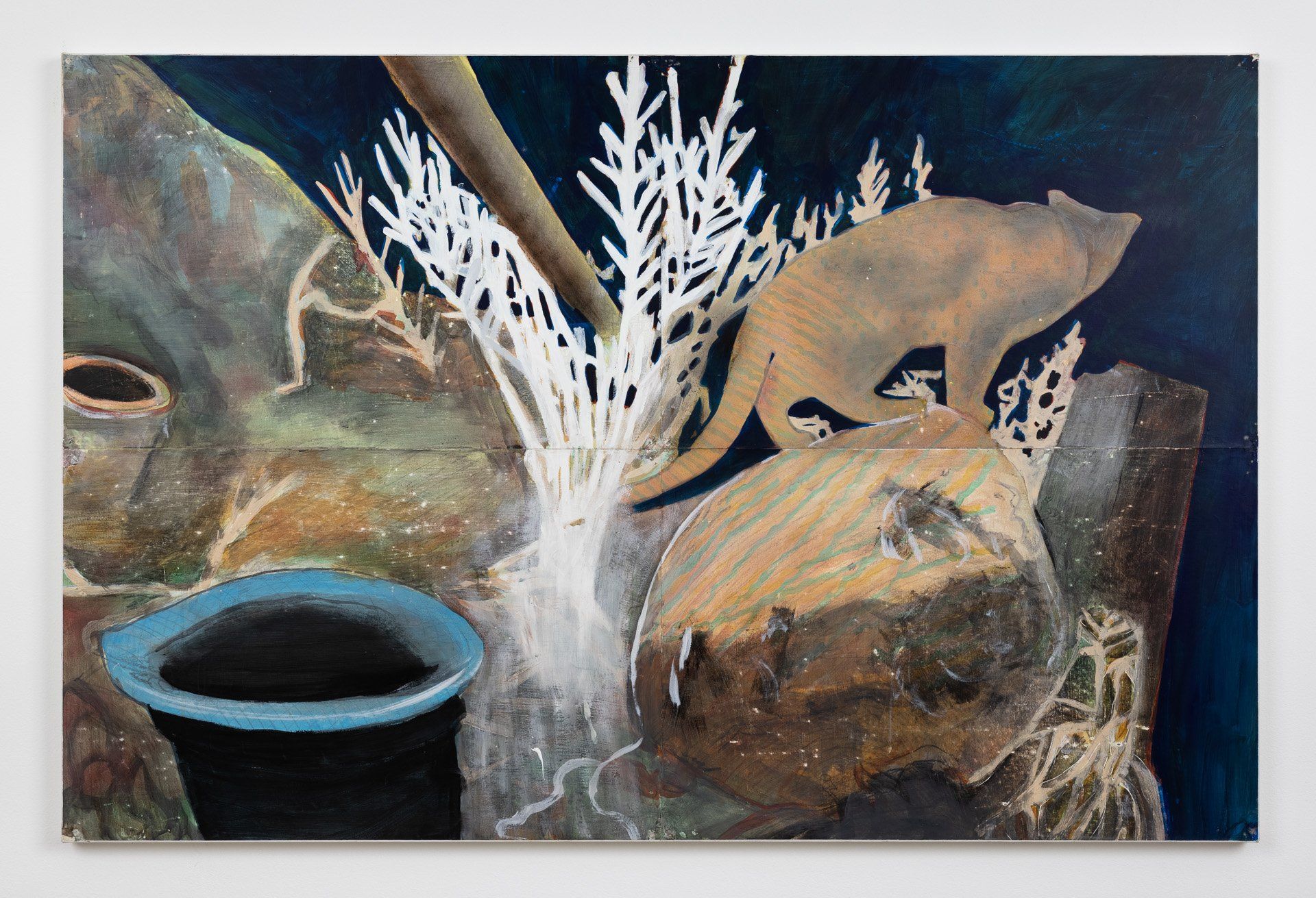 A painting of a cat standing on top of a rock next to a vase.