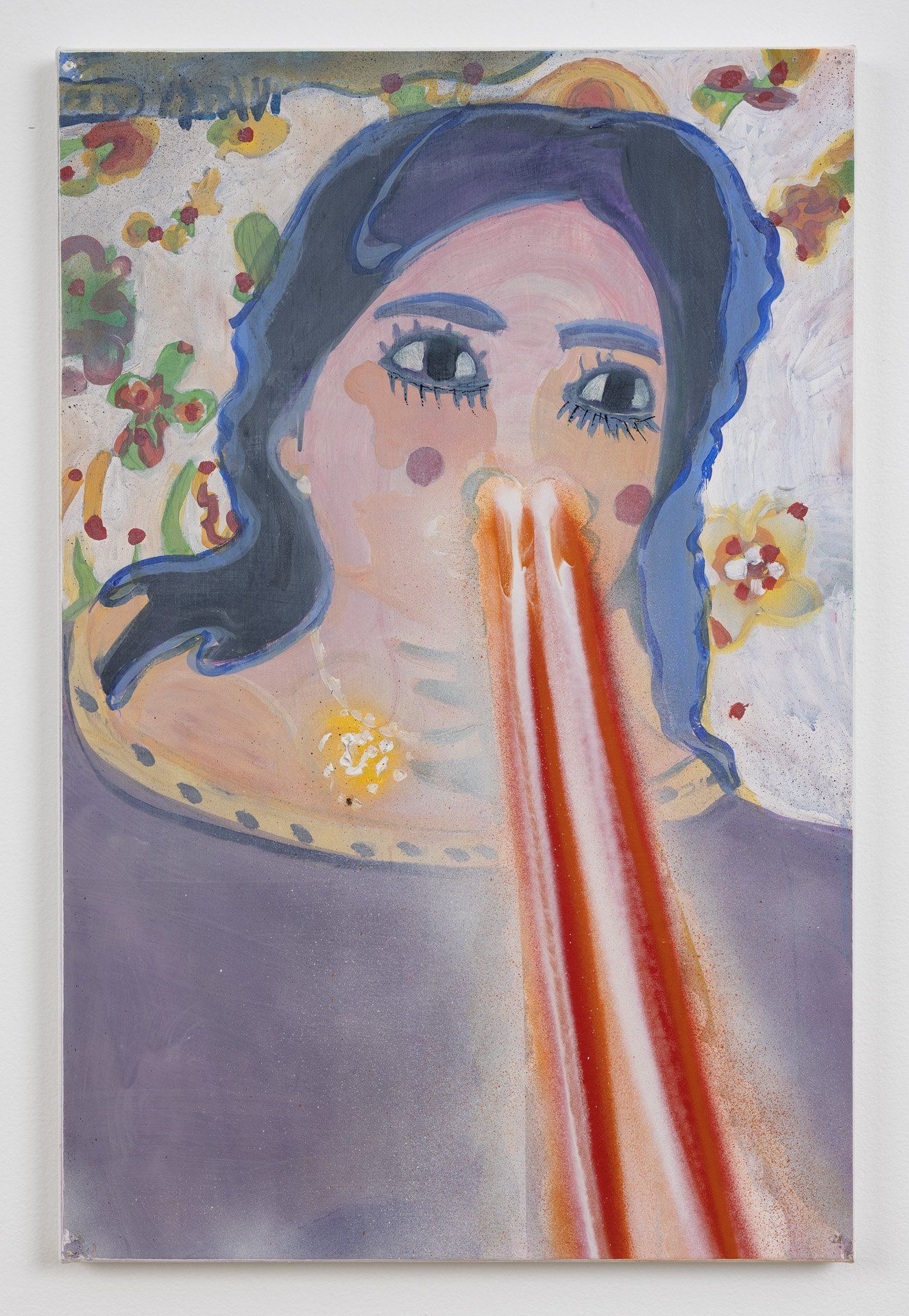 A painting of a woman 's face with red lines coming out of her nose.