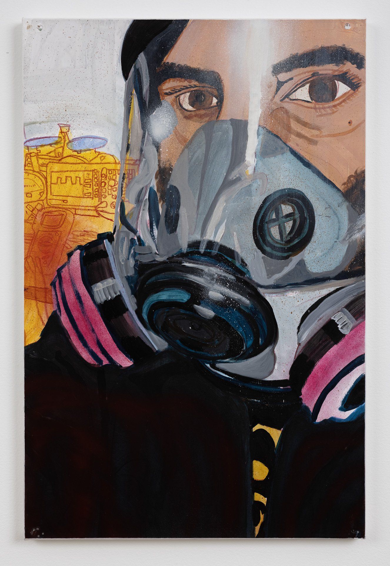 A painting of a man wearing a gas mask