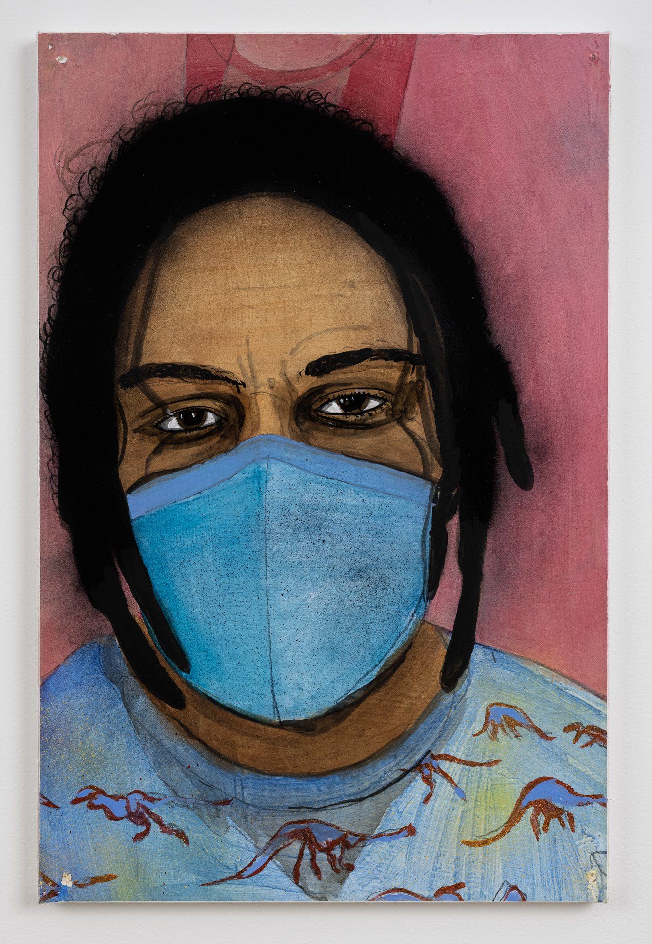A painting of a woman wearing a blue face mask.