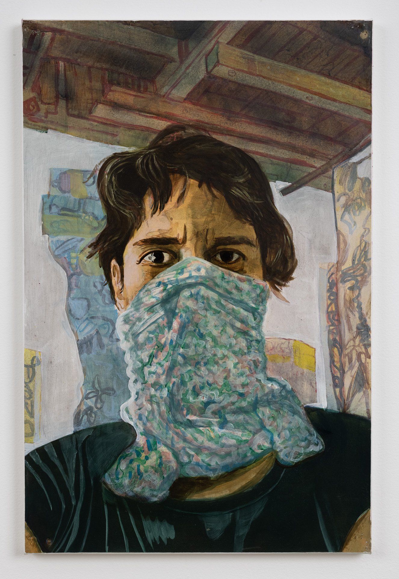 A painting of a man covering his face with a cloth.
