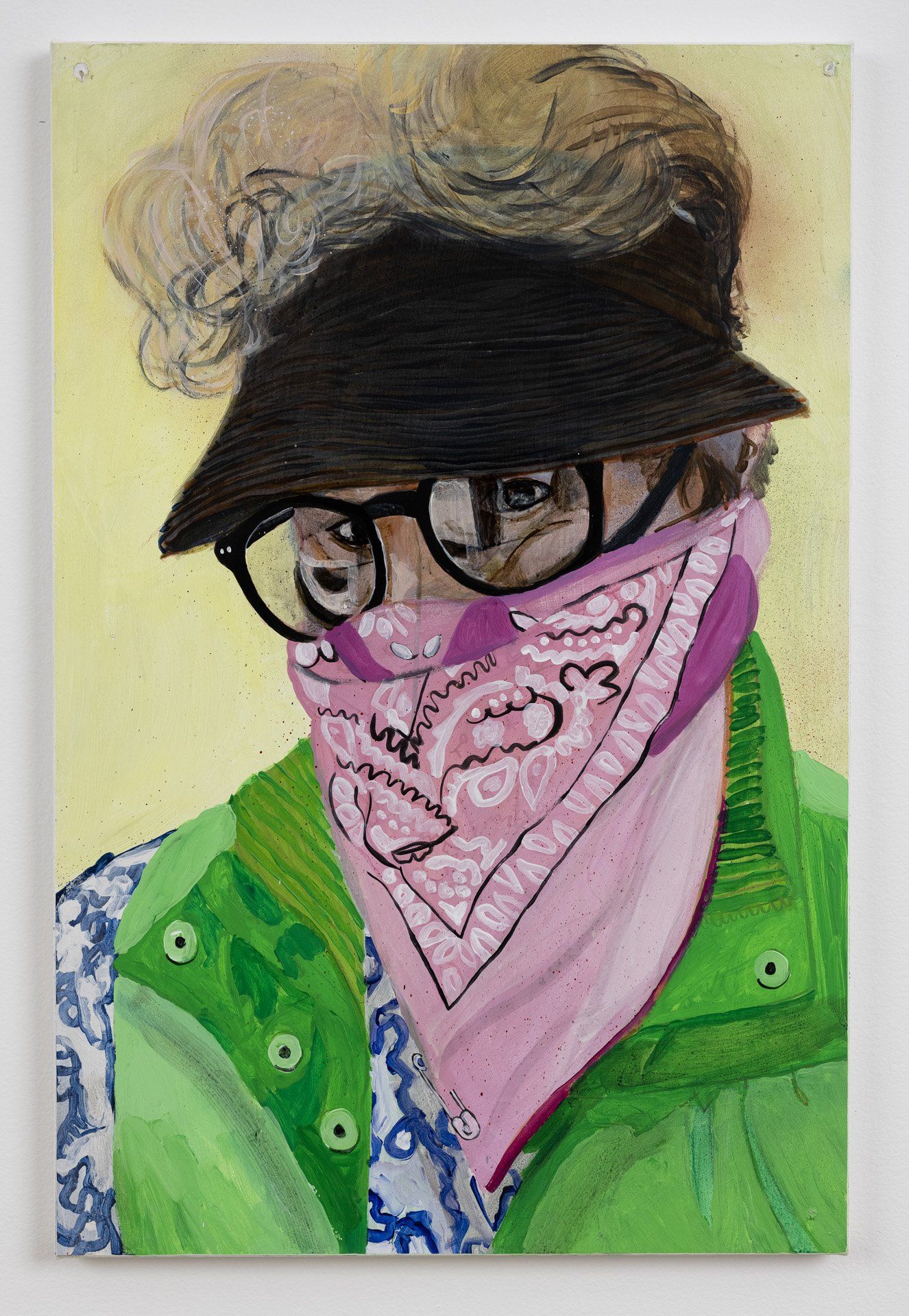 A painting of a woman wearing a bandana and a hat.