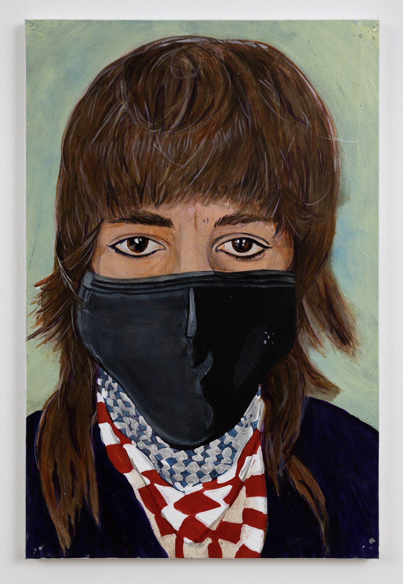 A painting of a woman wearing a black mask and a checkered scarf.