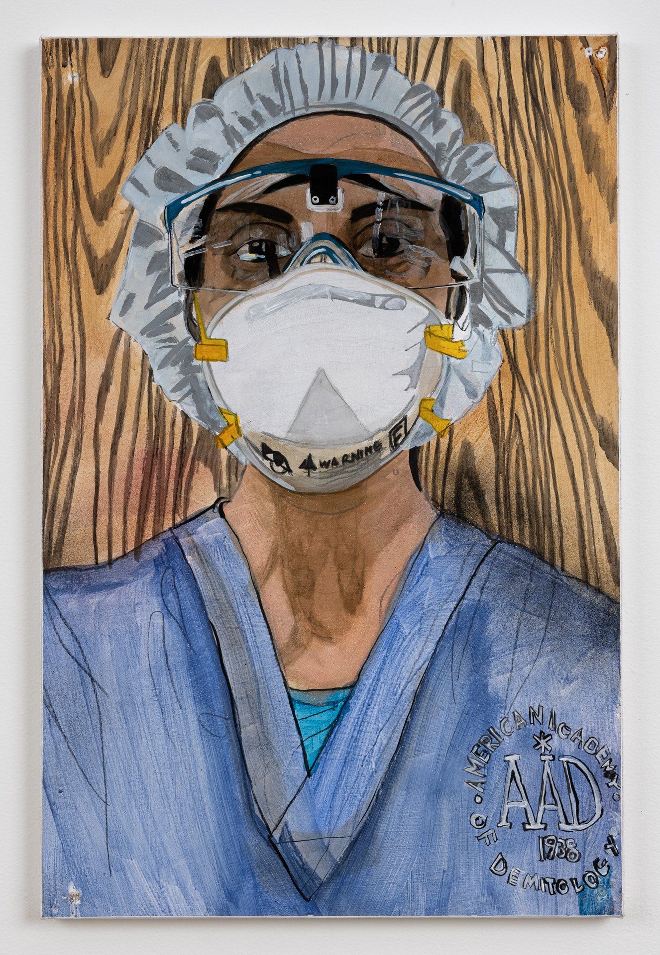 A painting of a nurse wearing a mask and goggles.