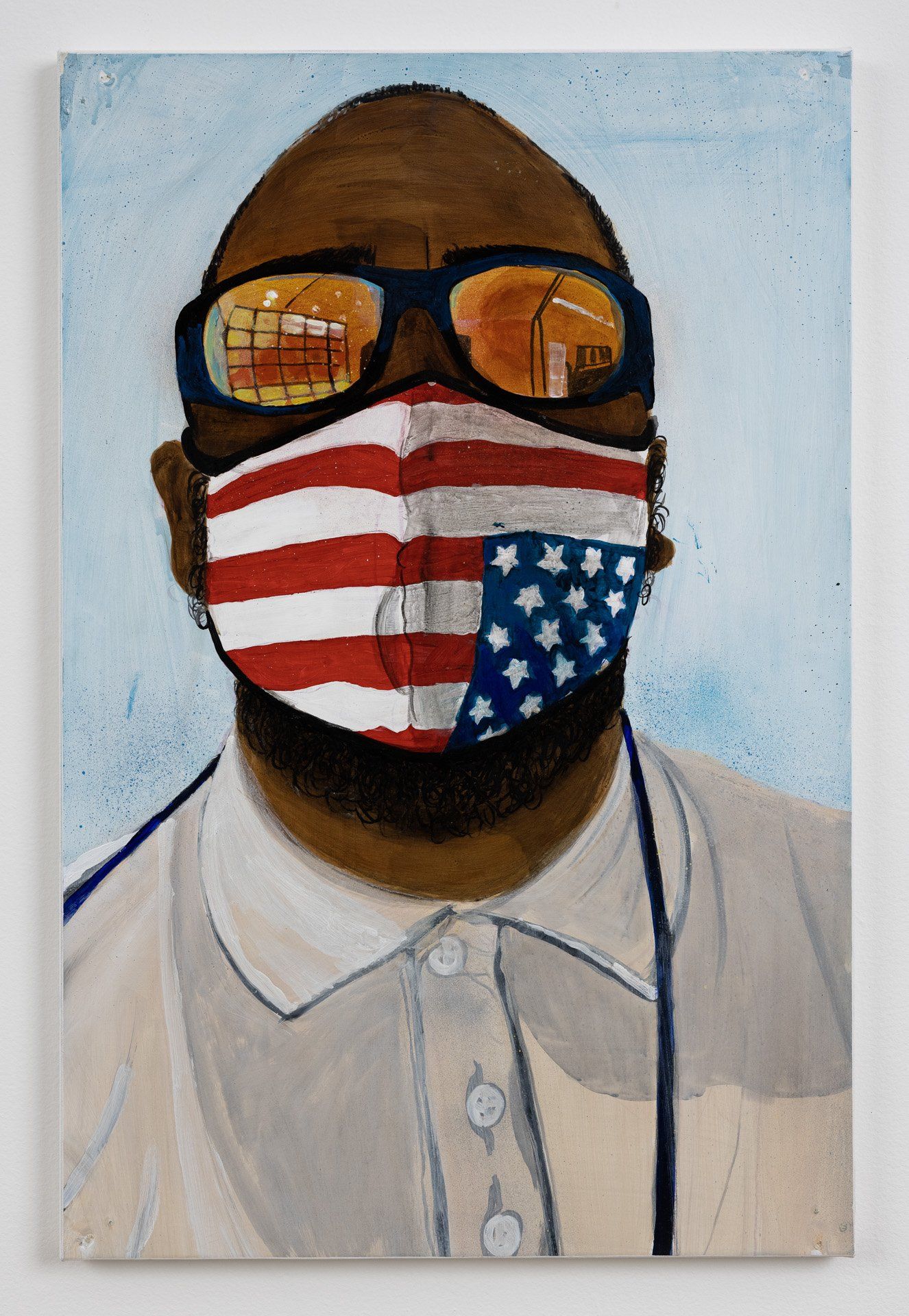 A painting of a man wearing an american flag mask and sunglasses.