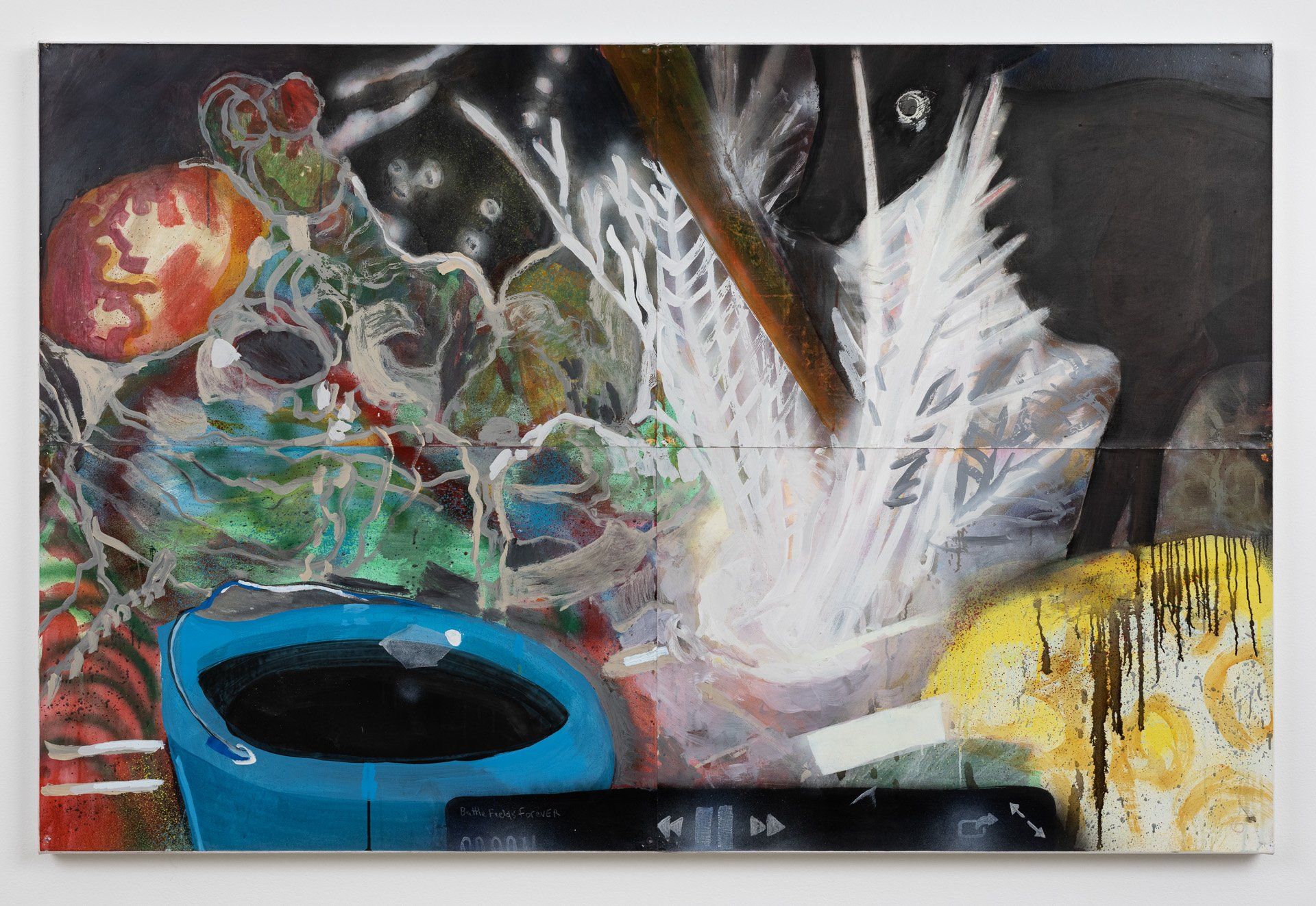 A colorful painting of a blue cup and a tomato on a table.