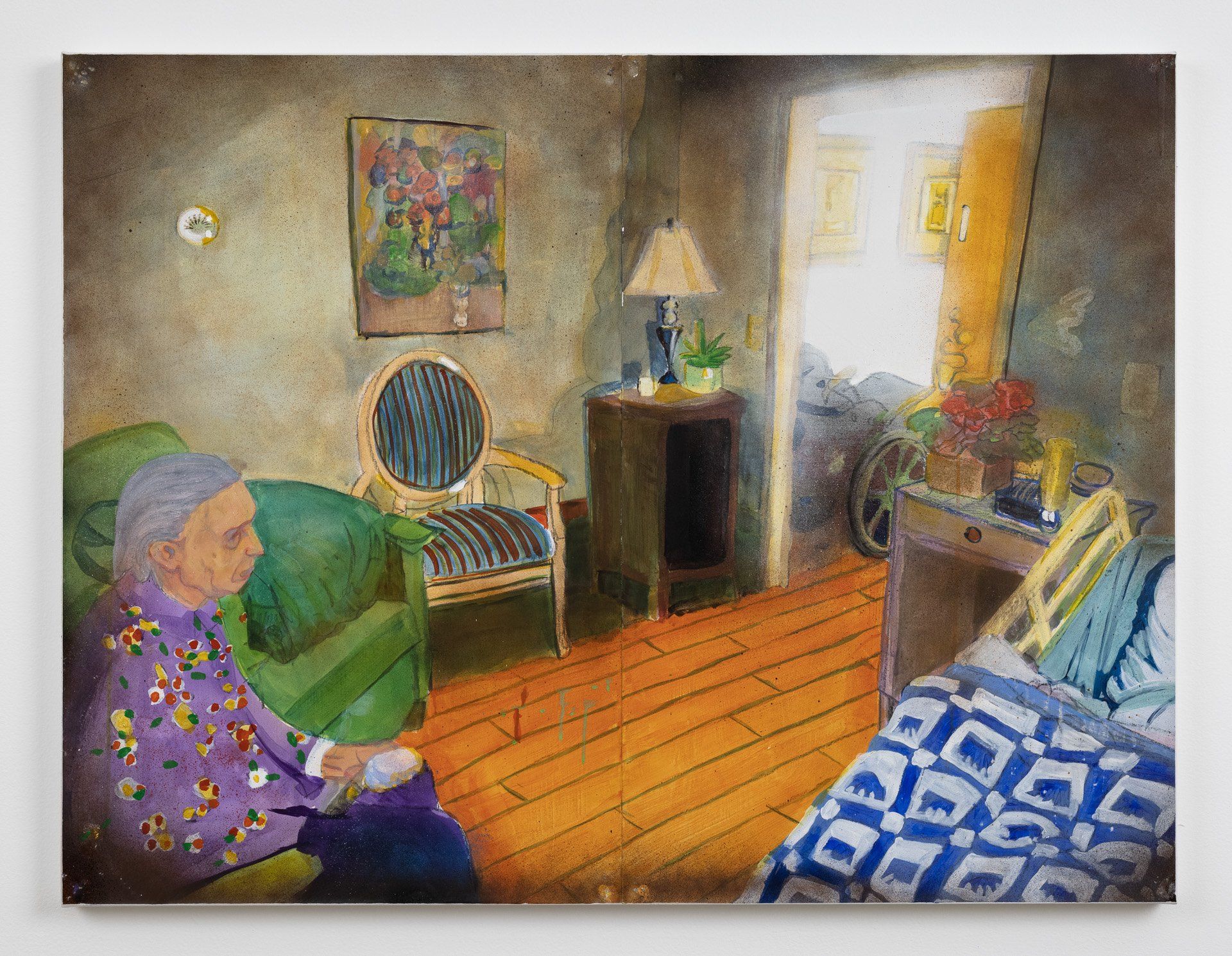A painting of an elderly woman sitting in a chair in a living room.
