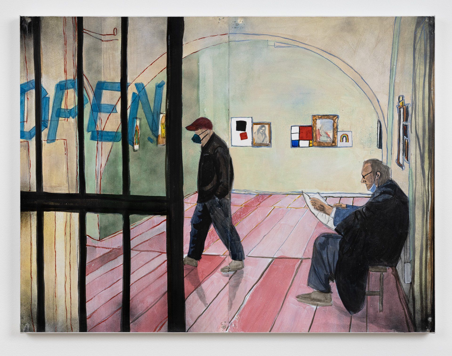 A painting of two men in a room with a sign that says open