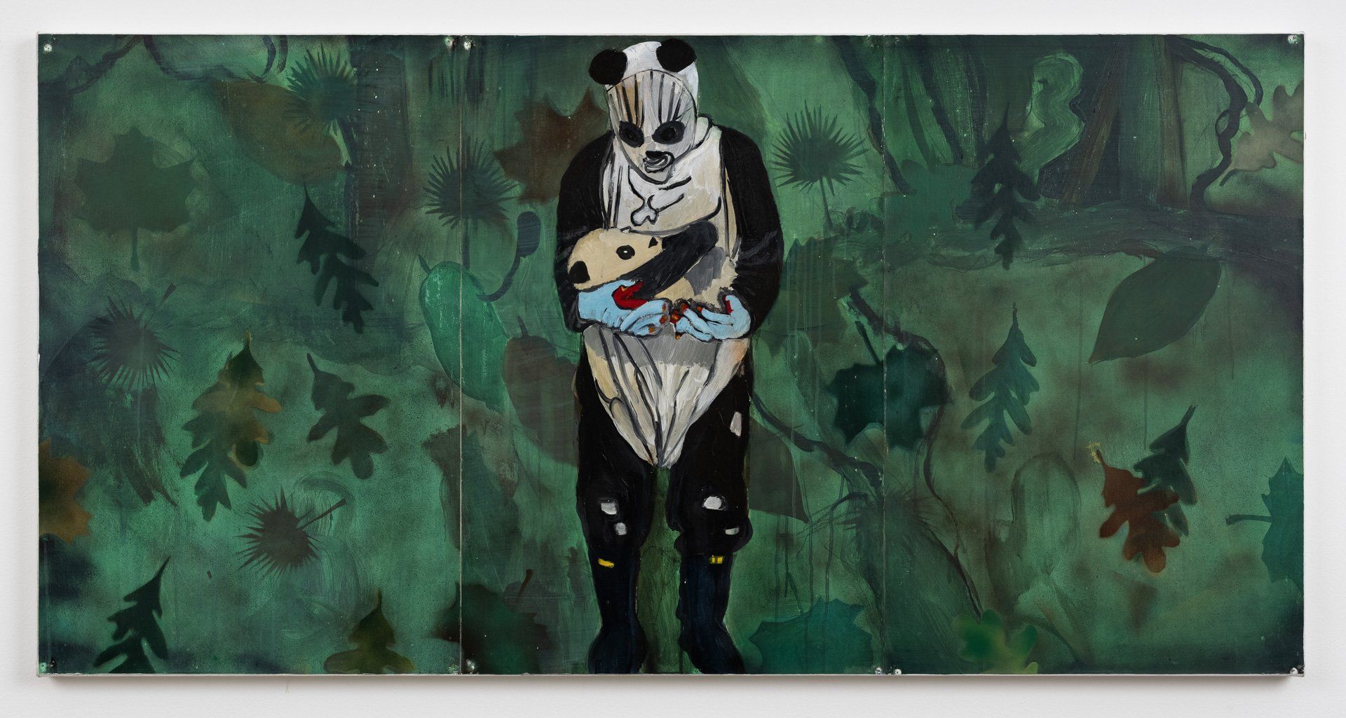 A painting of a man dressed as a panda bear holding a baby panda.