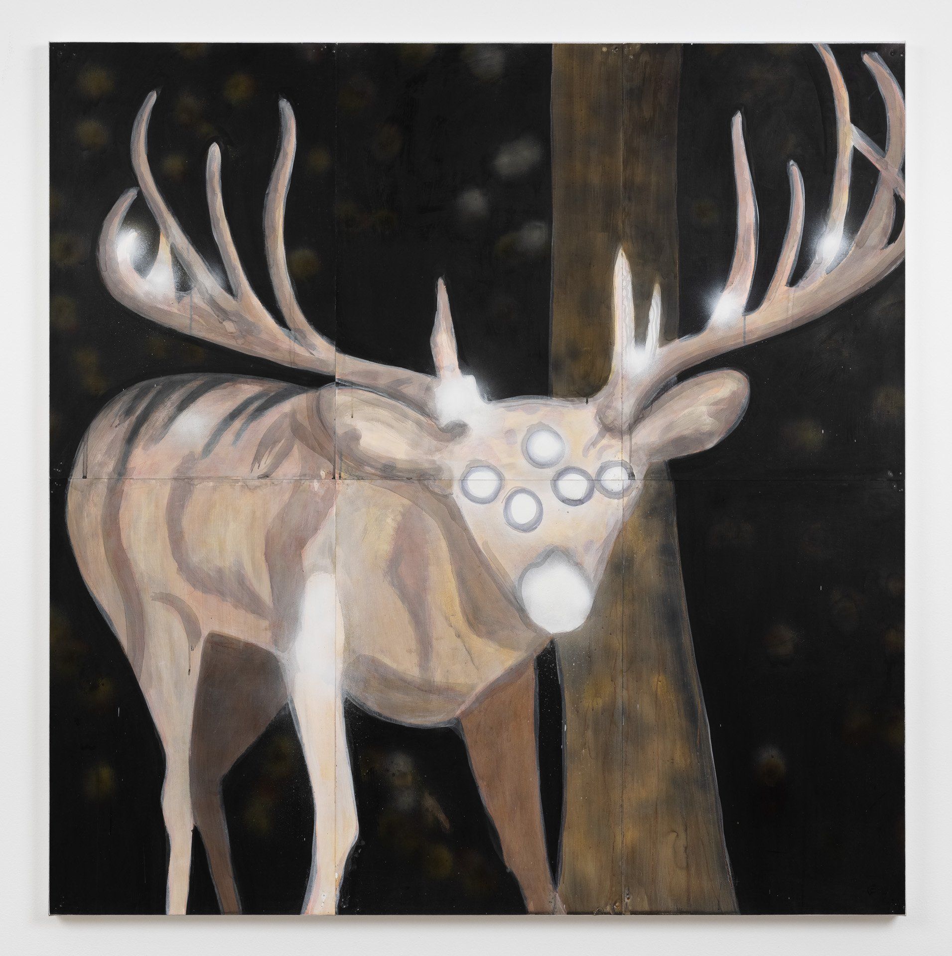 A painting of a deer standing next to a tree
