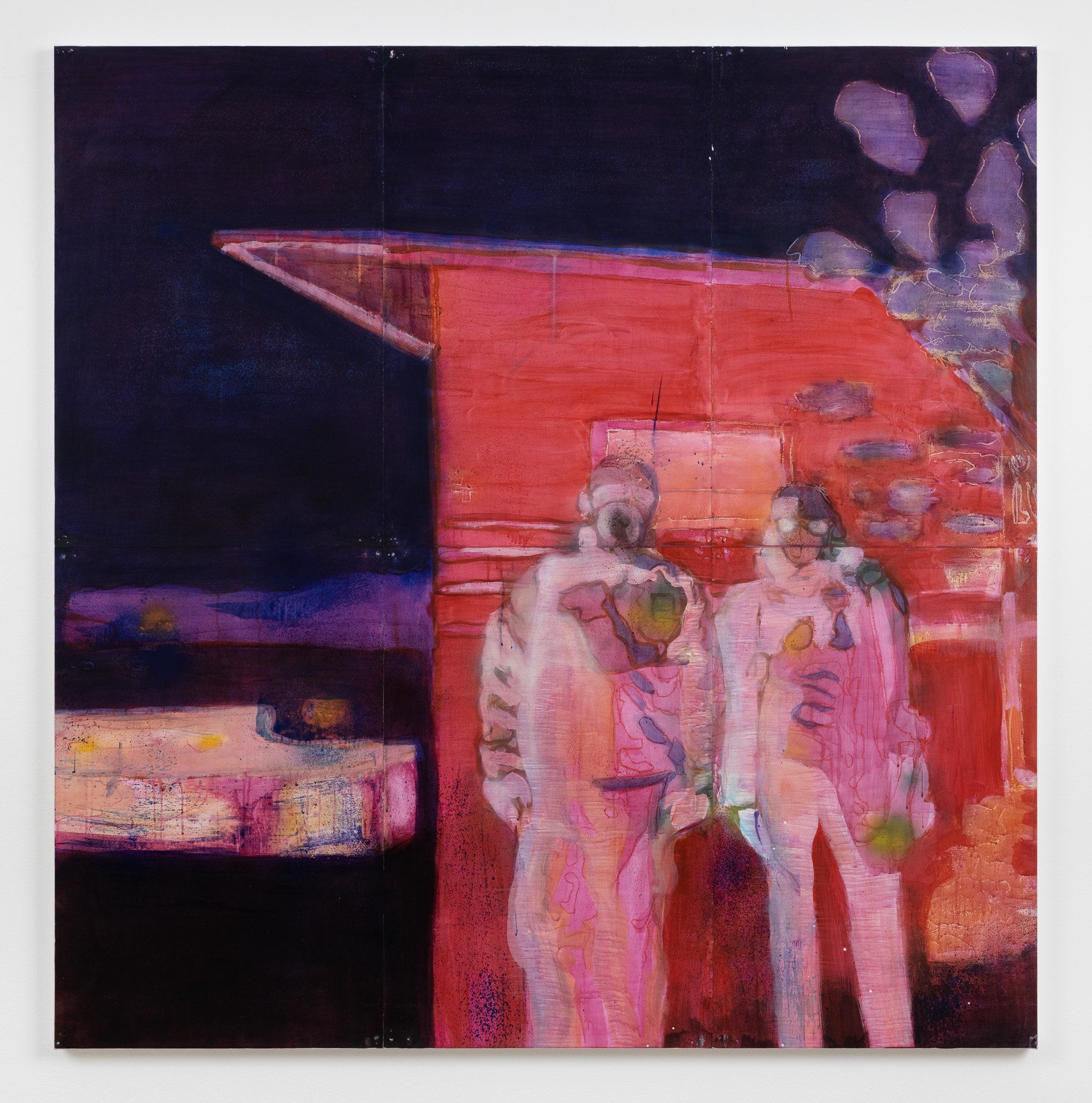 A painting of two people standing next to each other in front of a building.