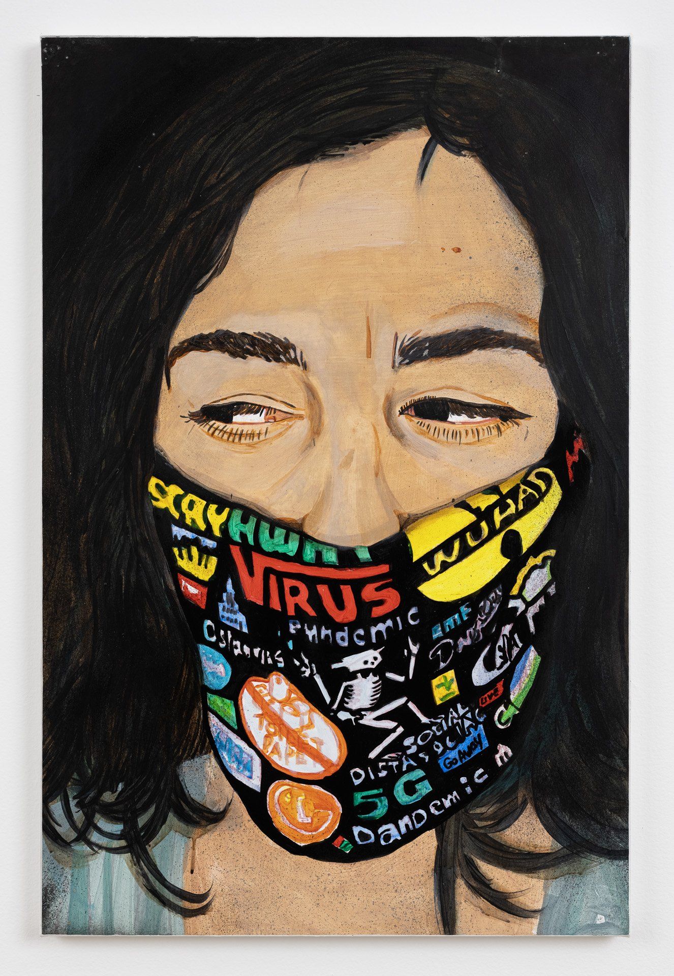 A painting of a woman wearing a mask with stickers on it.