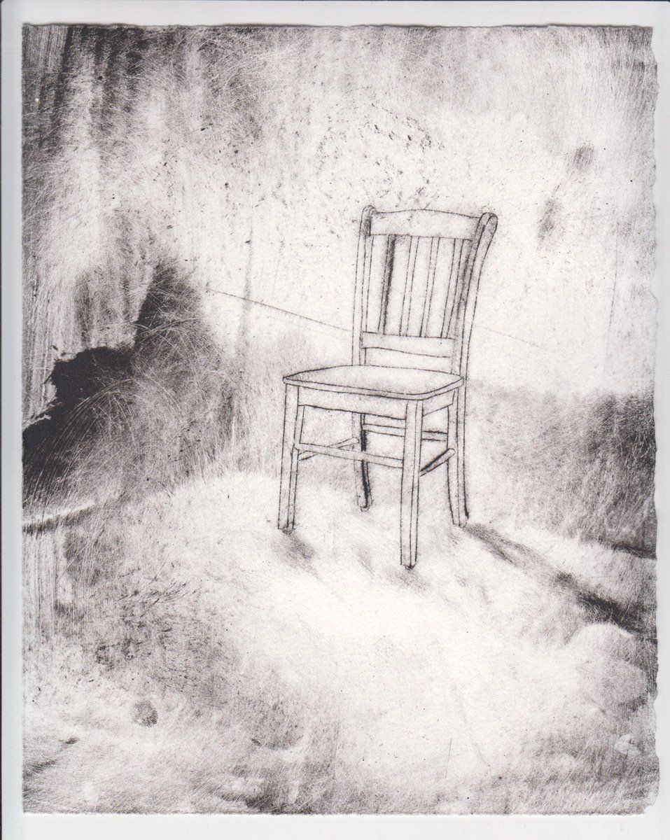 A black and white drawing of a chair in a dark room