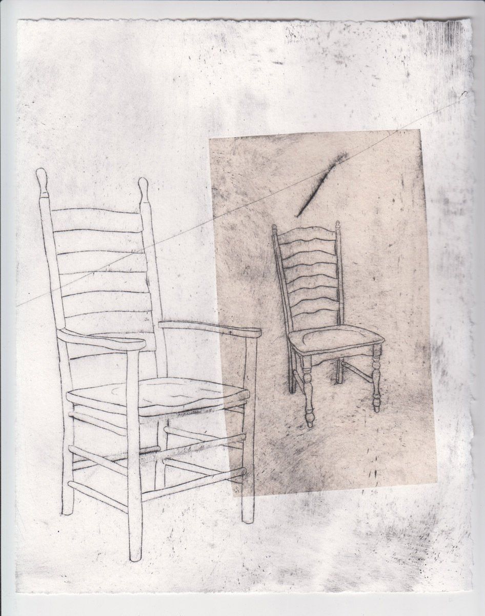 A black and white drawing of a rocking chair
