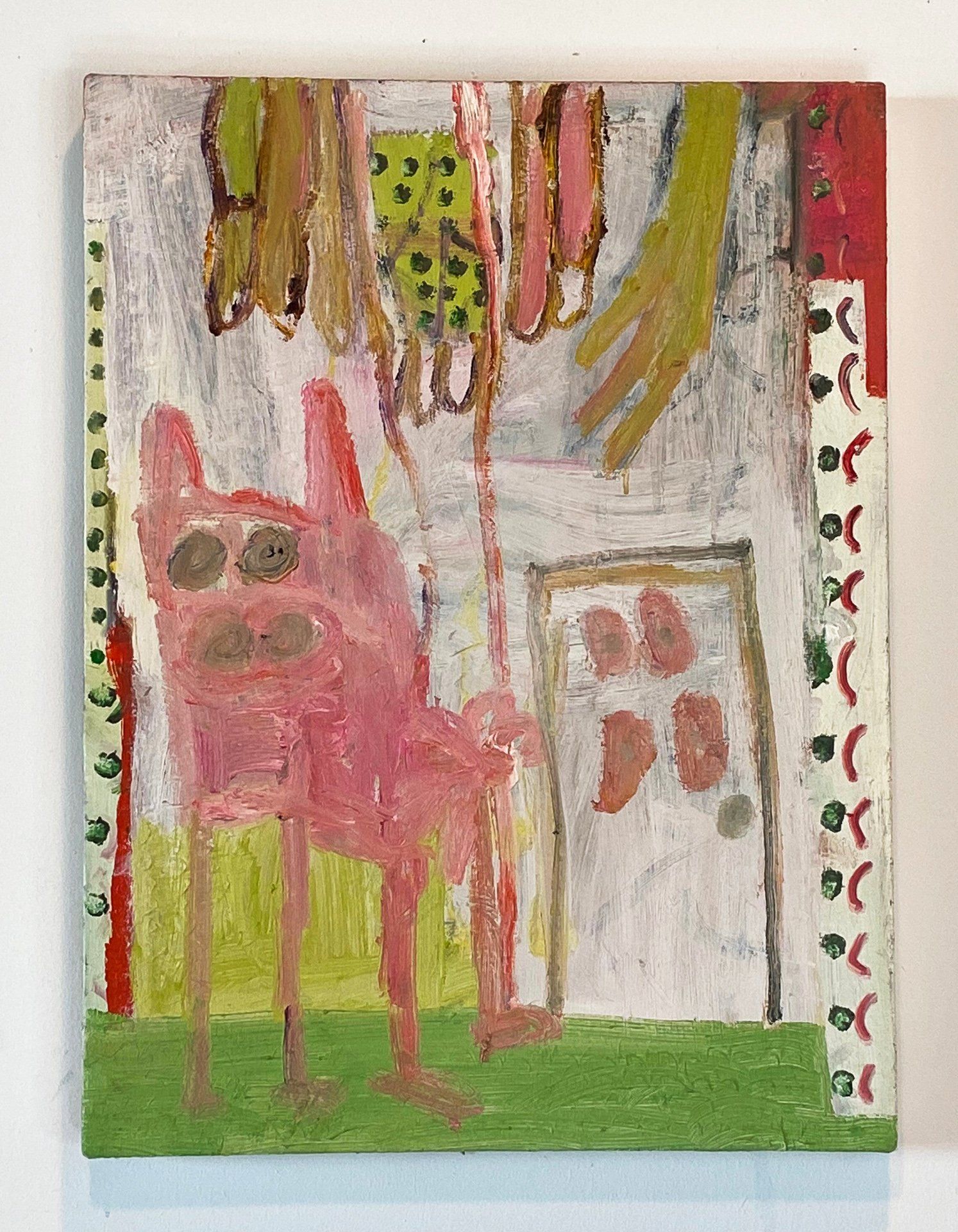A painting of a pink monster standing in front of a door