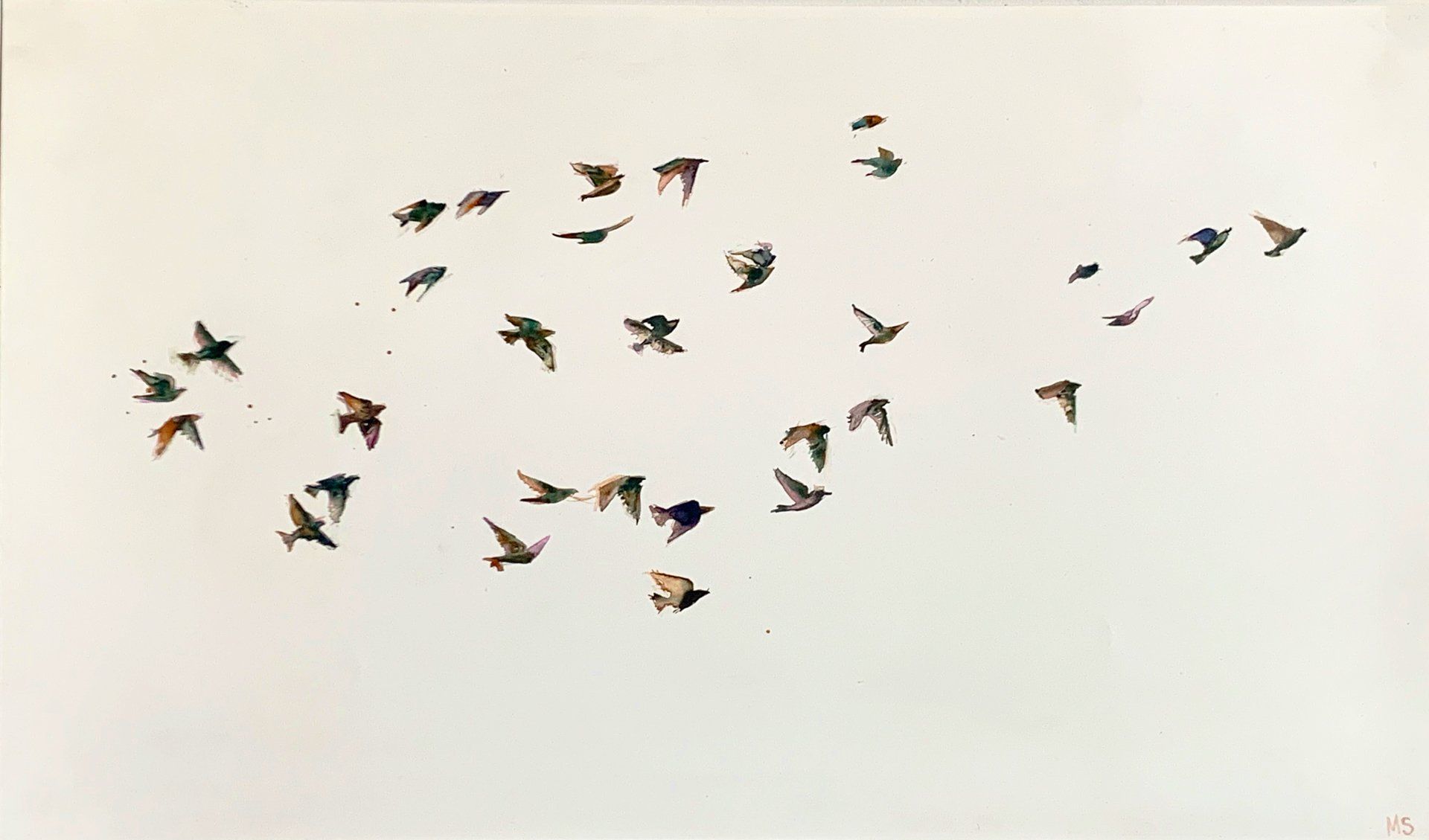 A painting of a flock of birds flying in the sky.