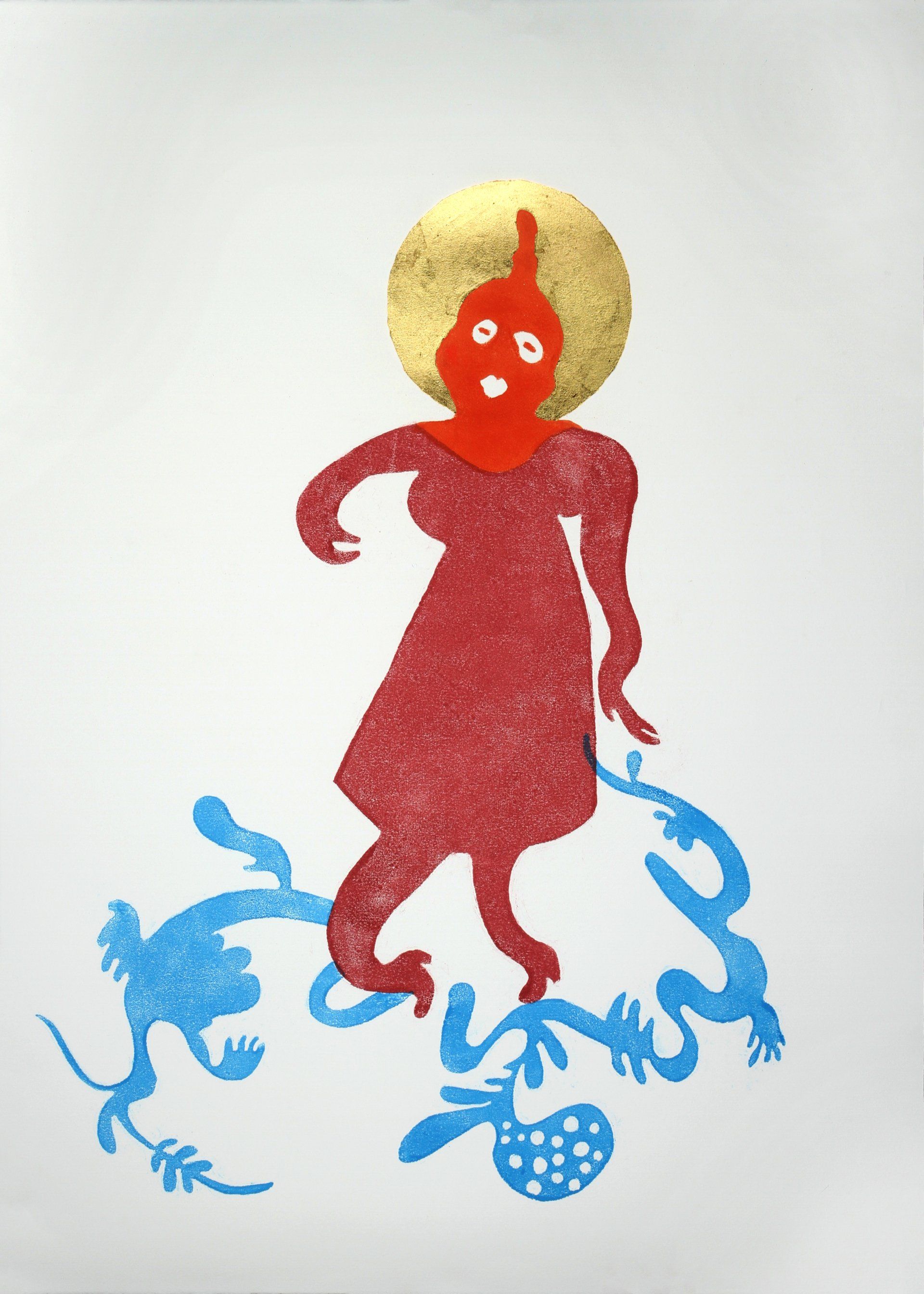 A drawing of a woman in a red dress surrounded by lizards