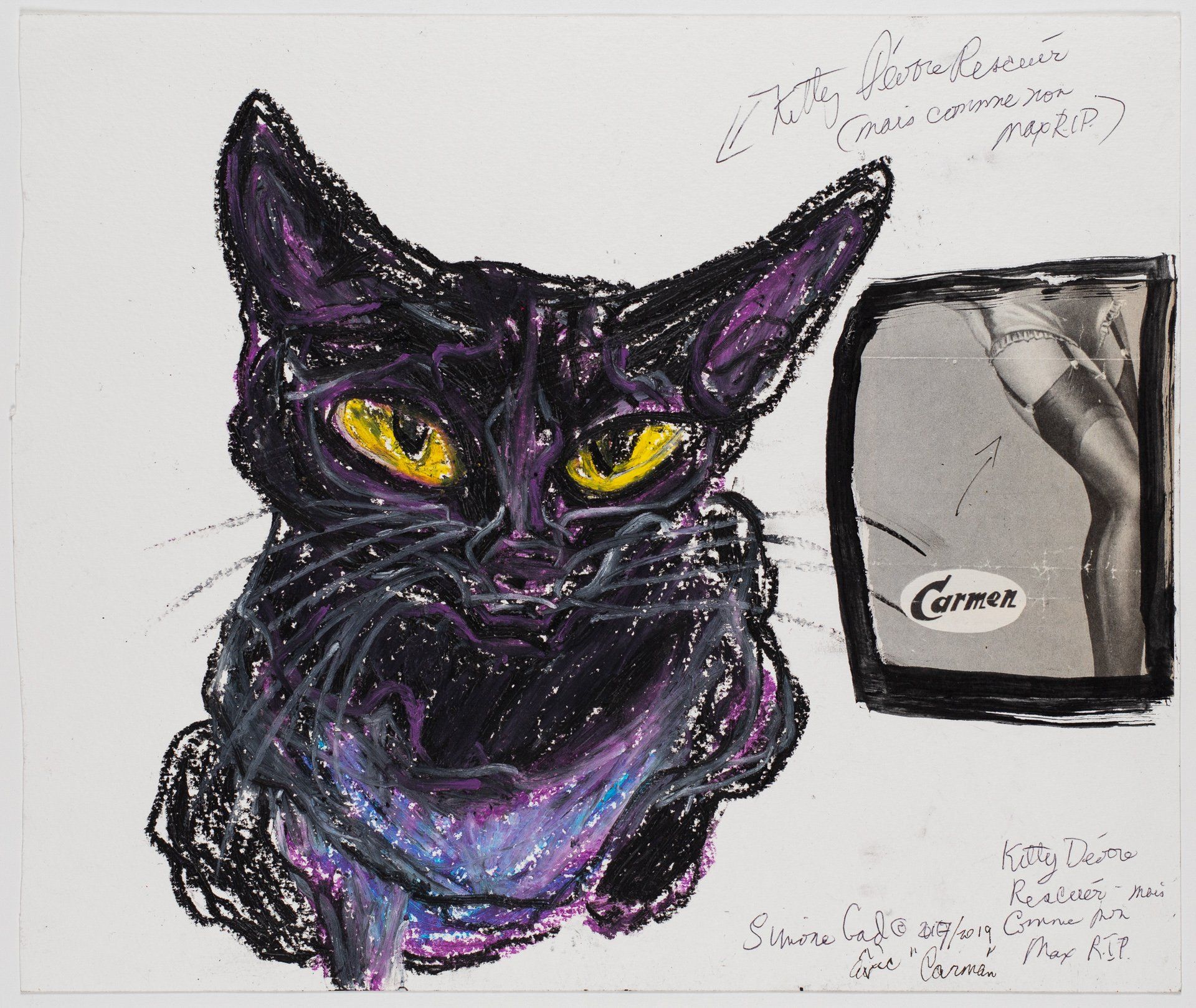 A drawing of a black cat with yellow eyes