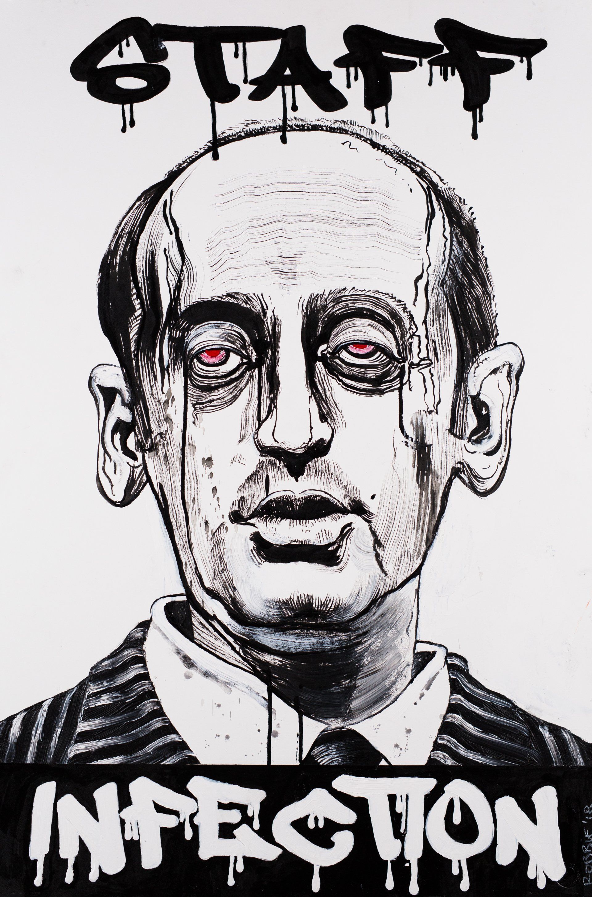 A drawing of a man with red eyes and the words staff infection