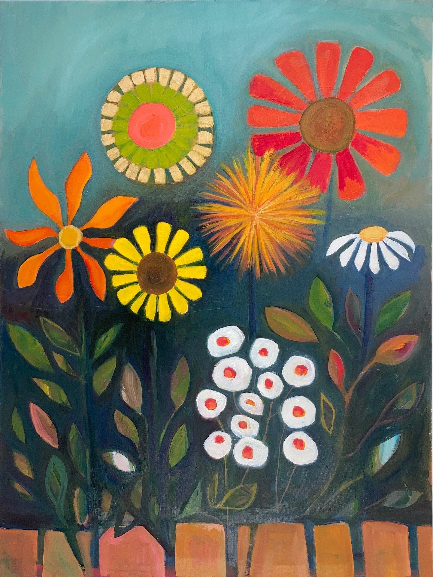 A painting of flowers with a fence in the background