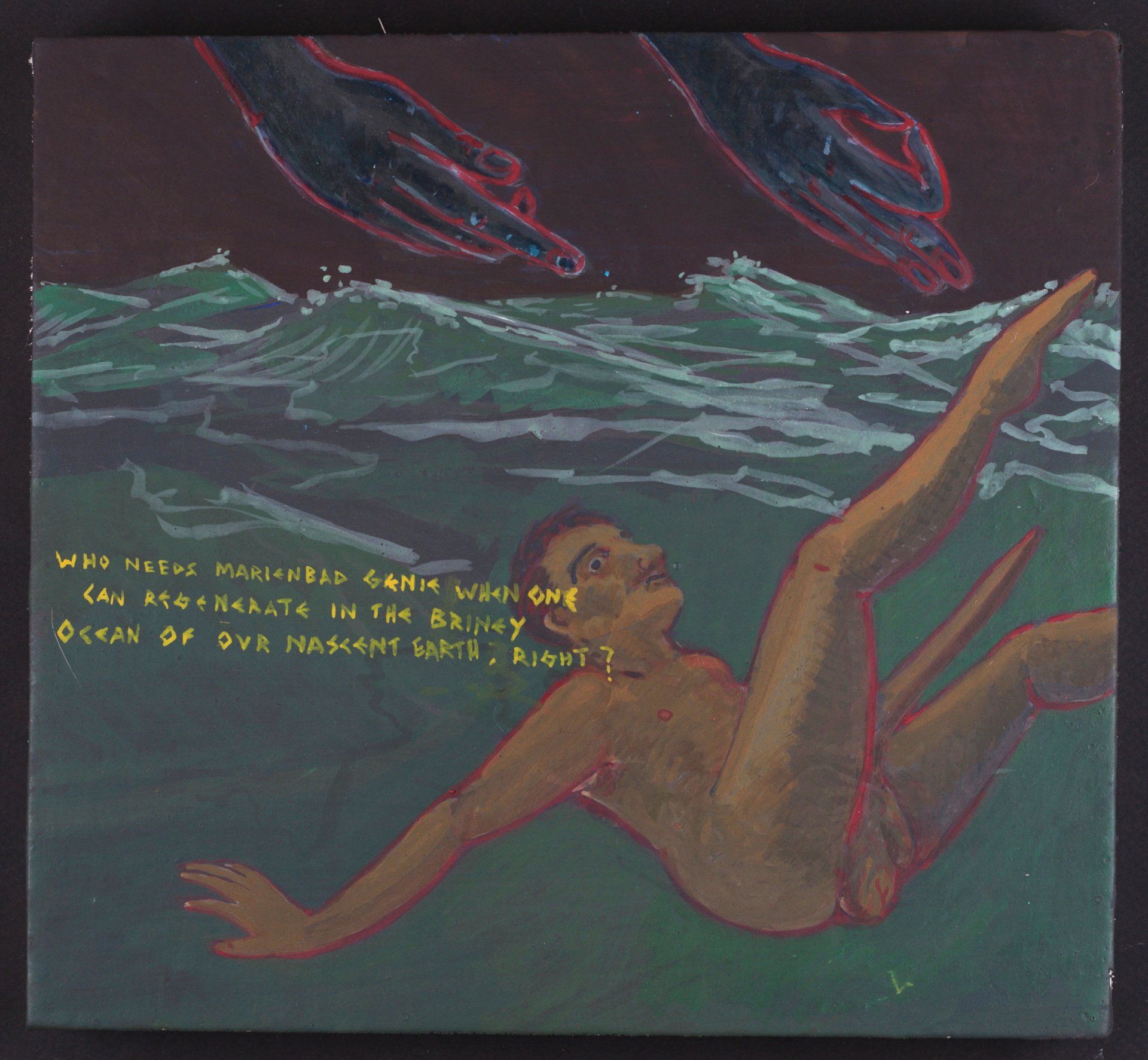 A painting of a man falling into the ocean