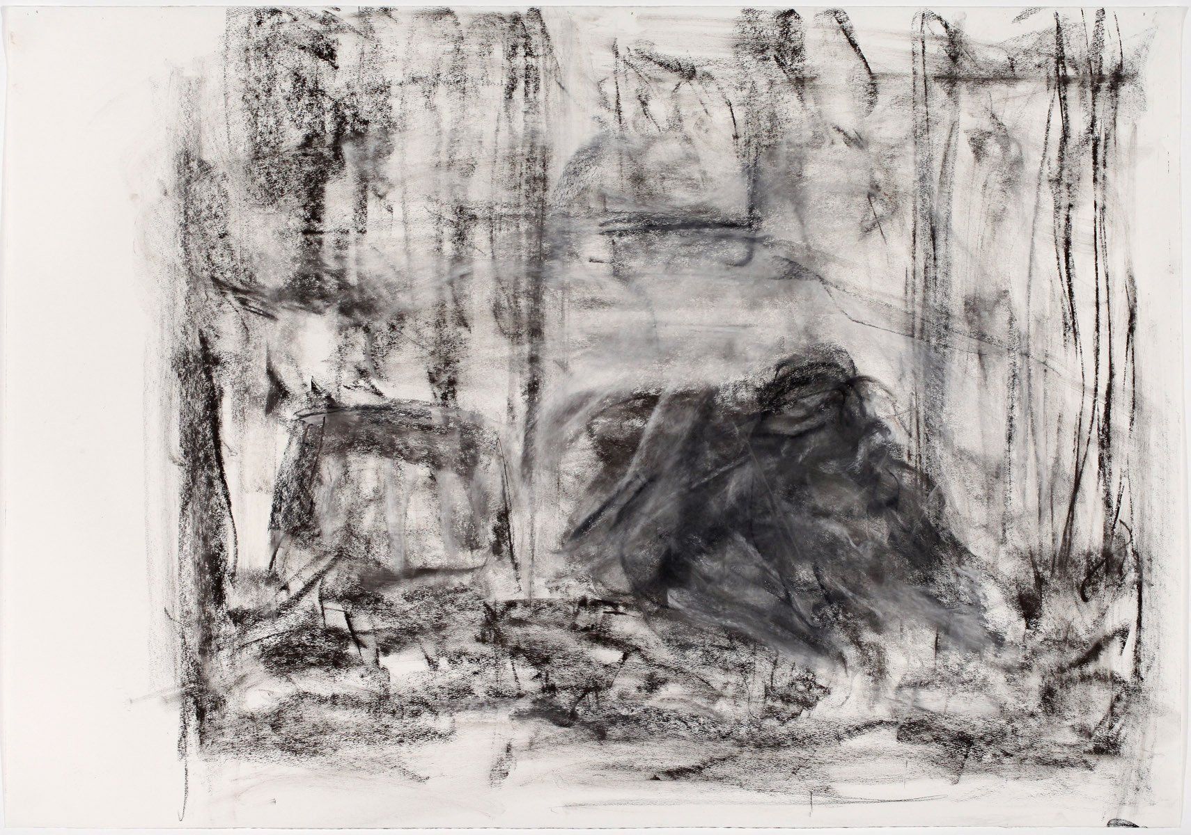 A black and white drawing of a mountain with trees in the background.