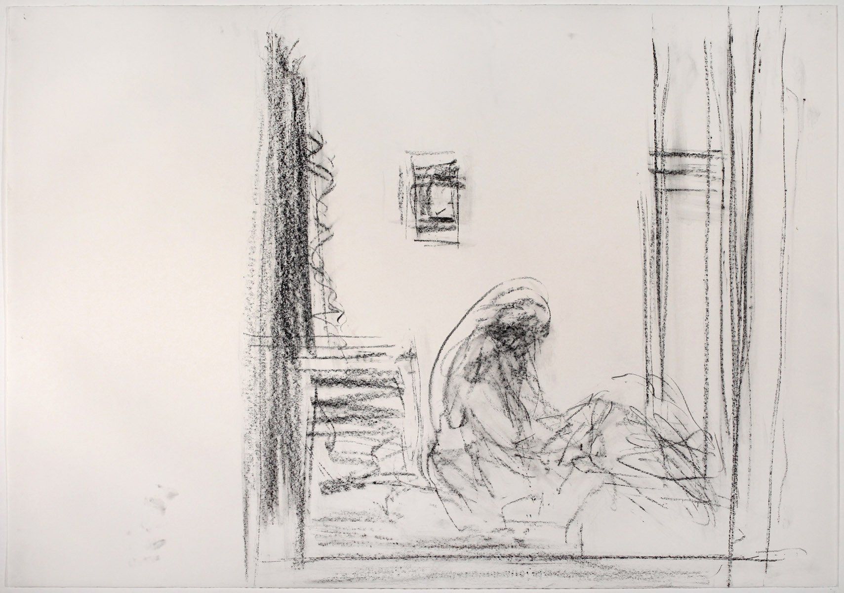 A black and white drawing of a woman laying on a bed