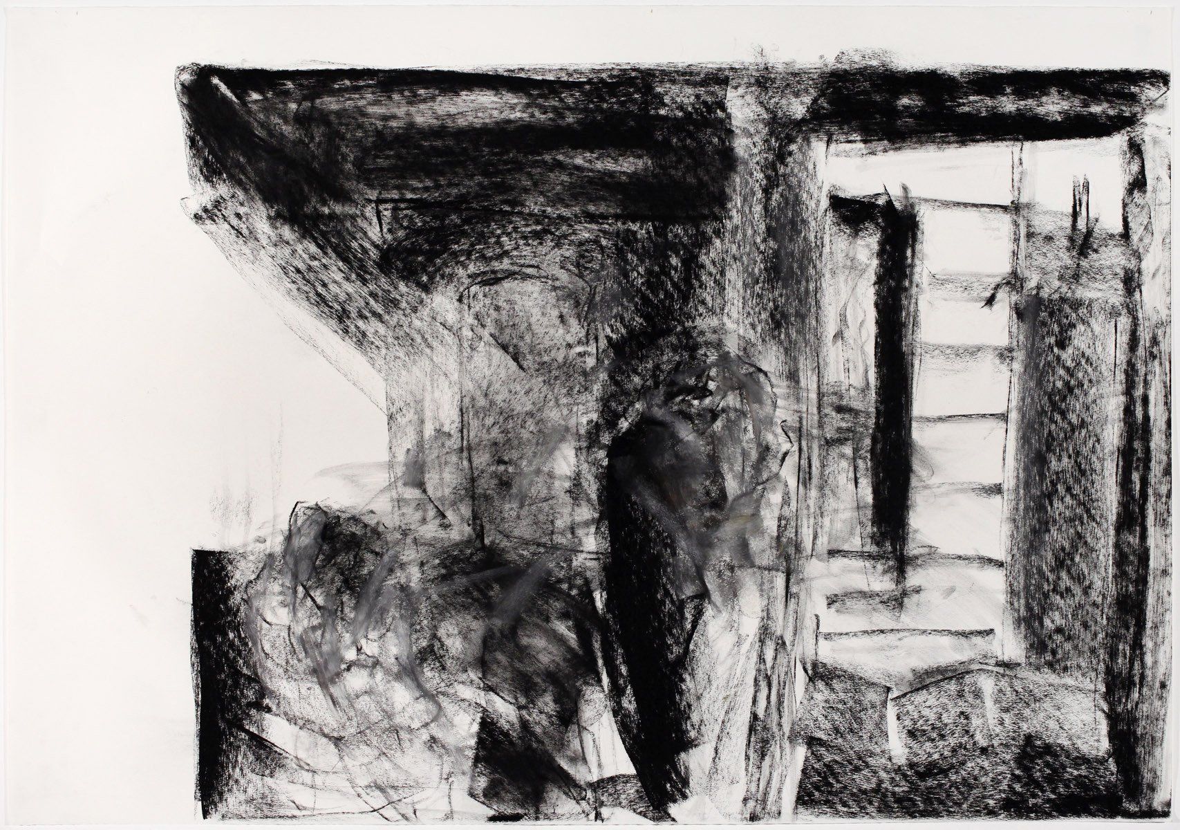 A black and white drawing of a room with a window