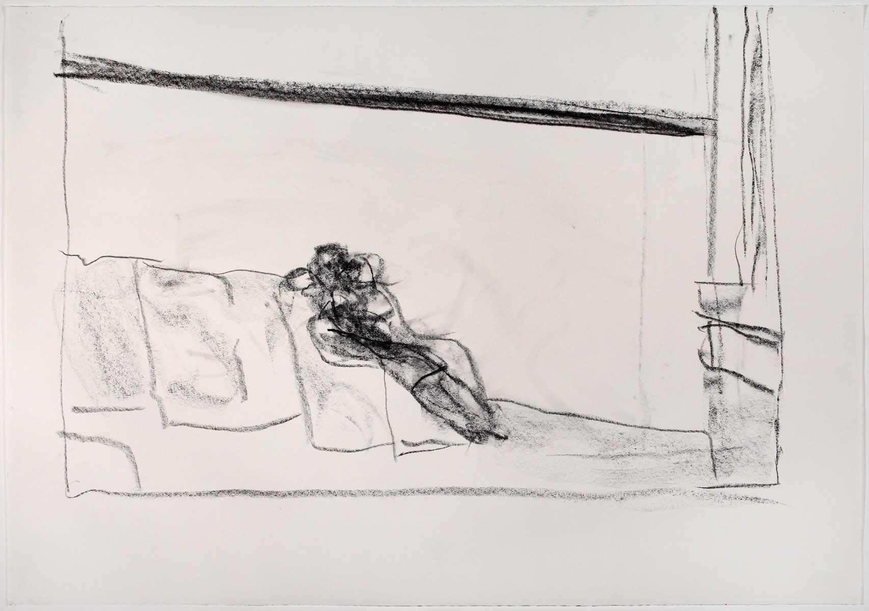 A black and white drawing of a person laying on a couch