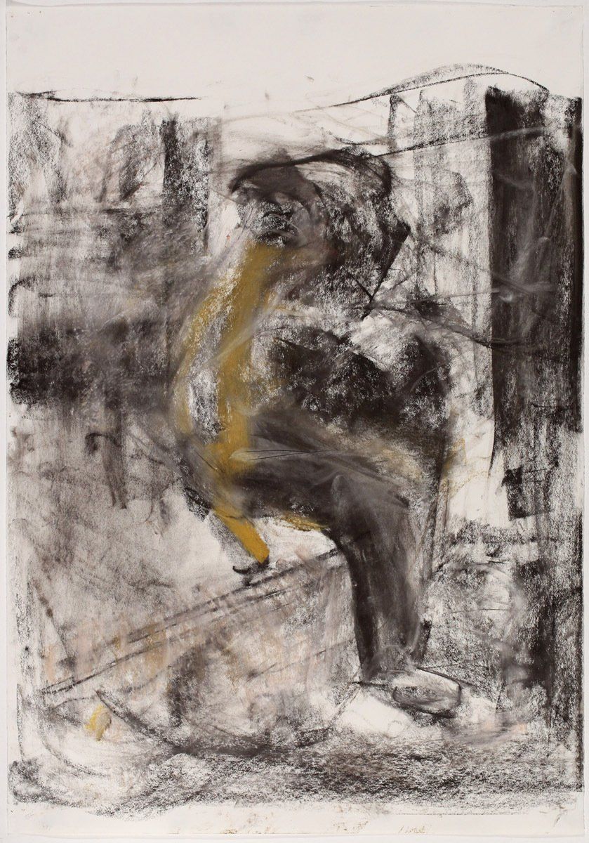 A black and white painting of a person standing next to a fence.