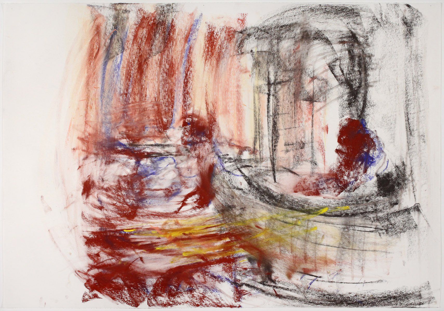 A painting of a river with trees in the background