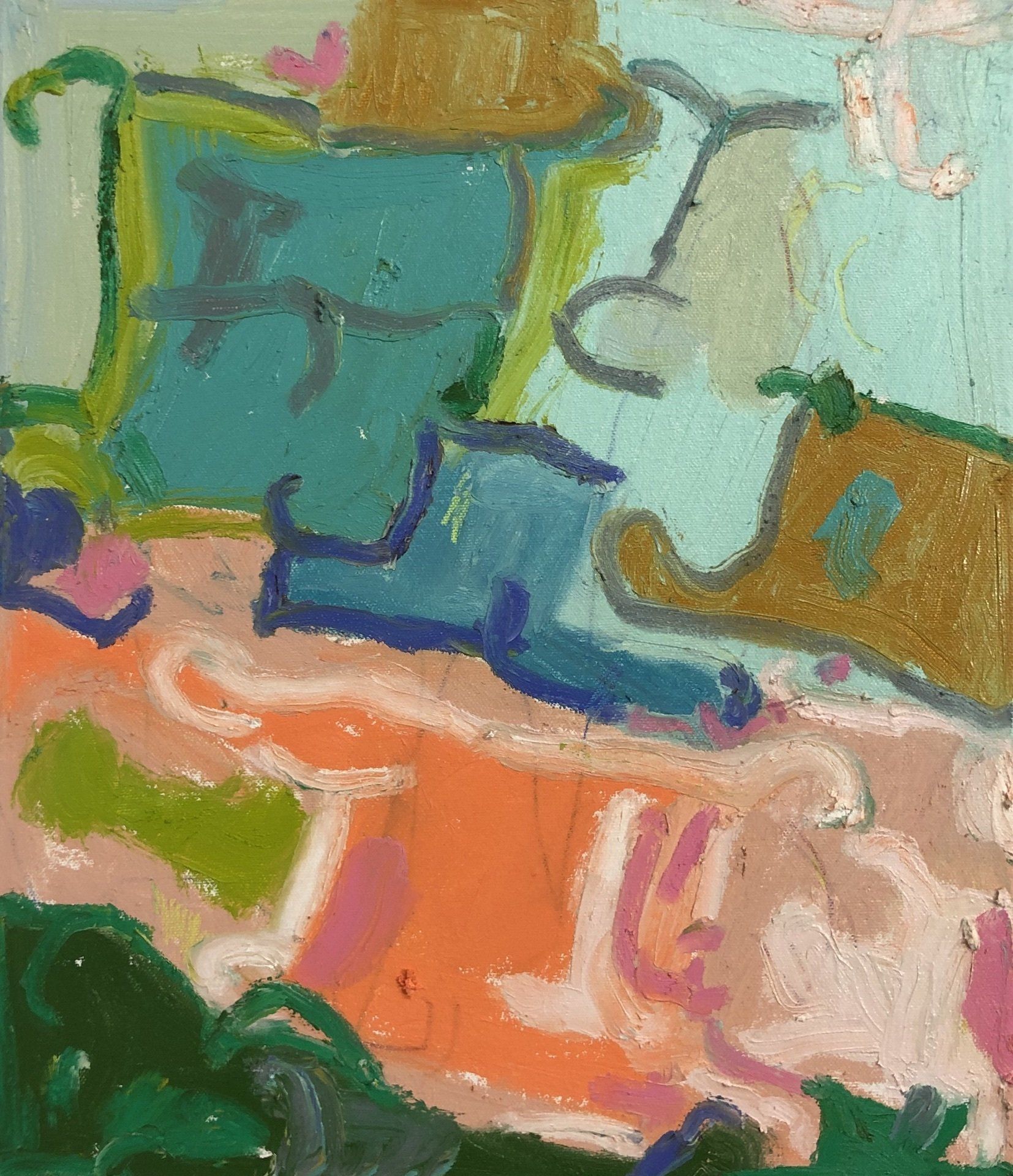 A painting of a couch with a blue pillow on it