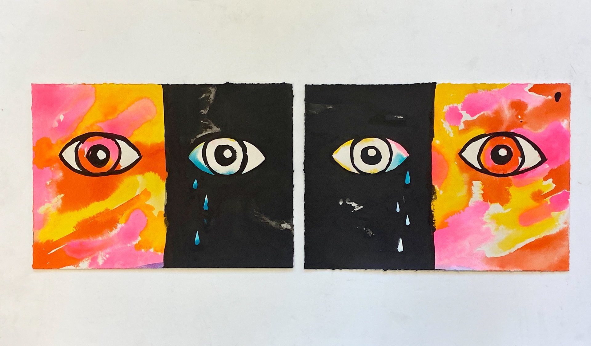 A painting of two eyes with tears coming out of them